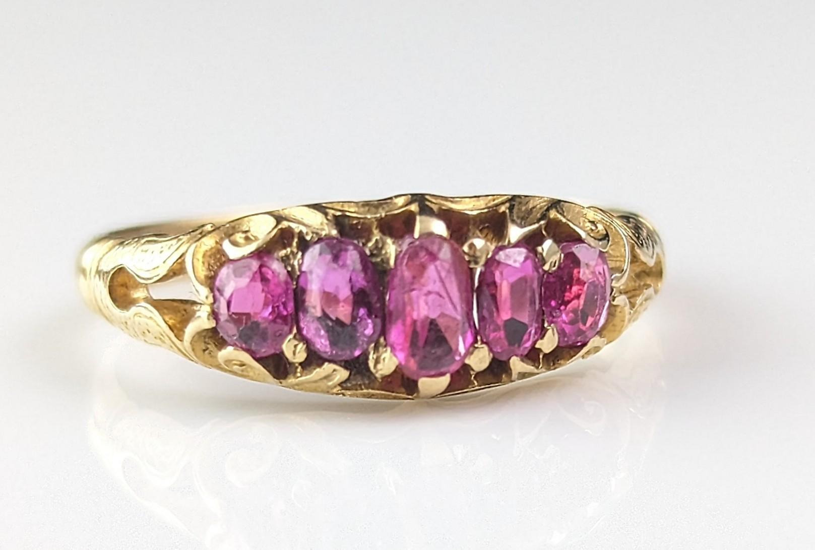 Antique Victorian five stone ruby ring, 18k yellow gold  1