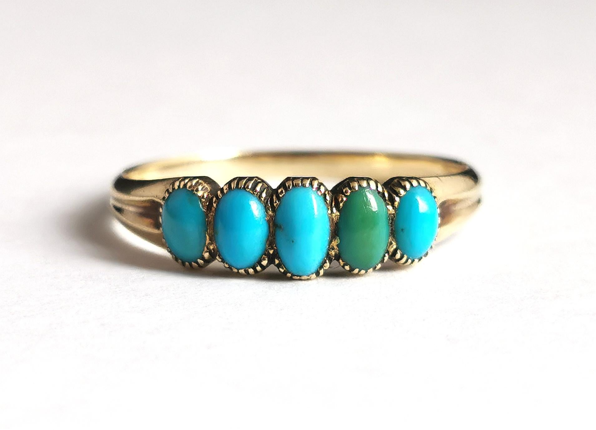 Antique Victorian Five Stone Turquoise Ring, 18k Yellow Gold 9