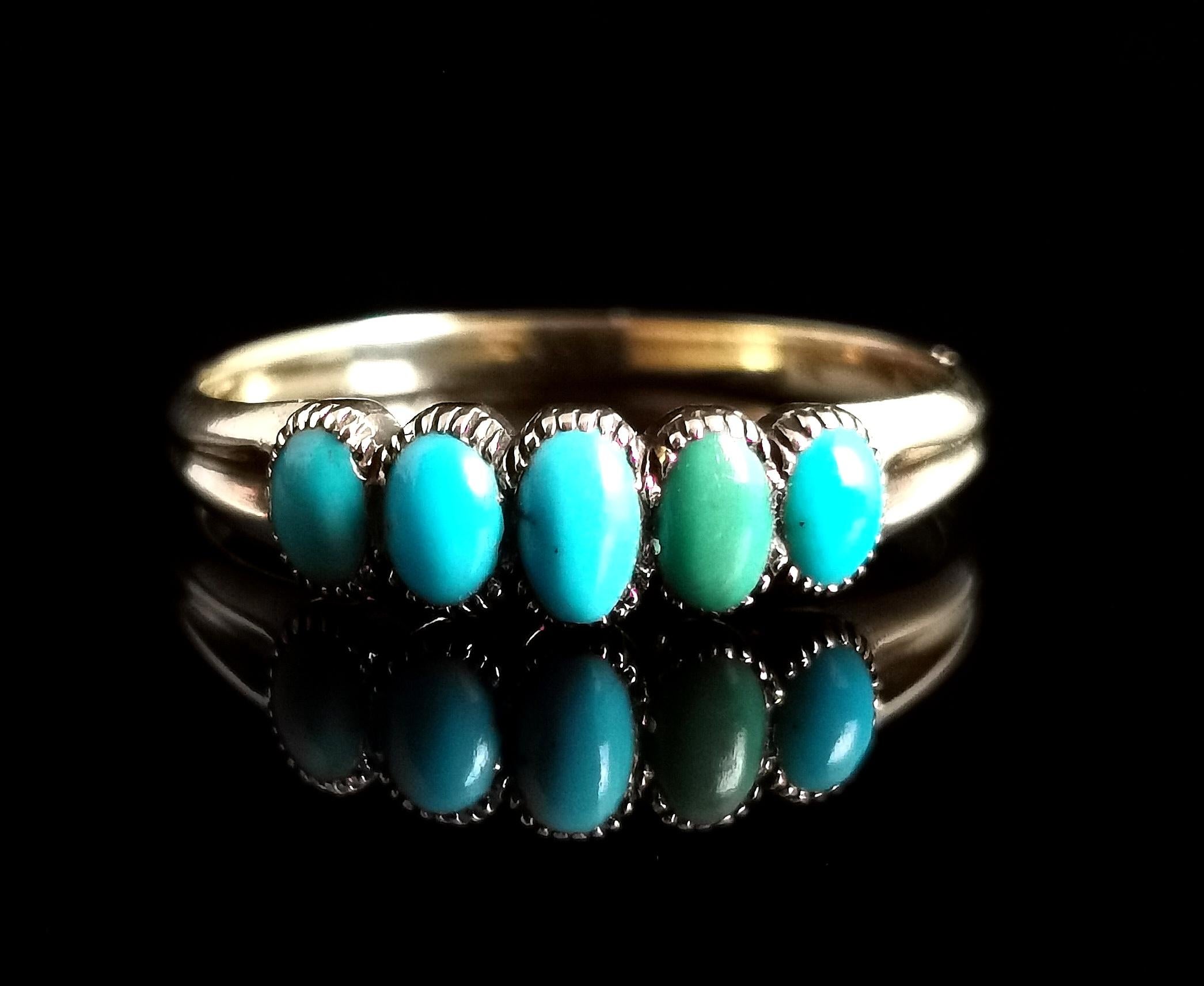 Cabochon Antique Victorian Five Stone Turquoise Ring, 18k Yellow Gold