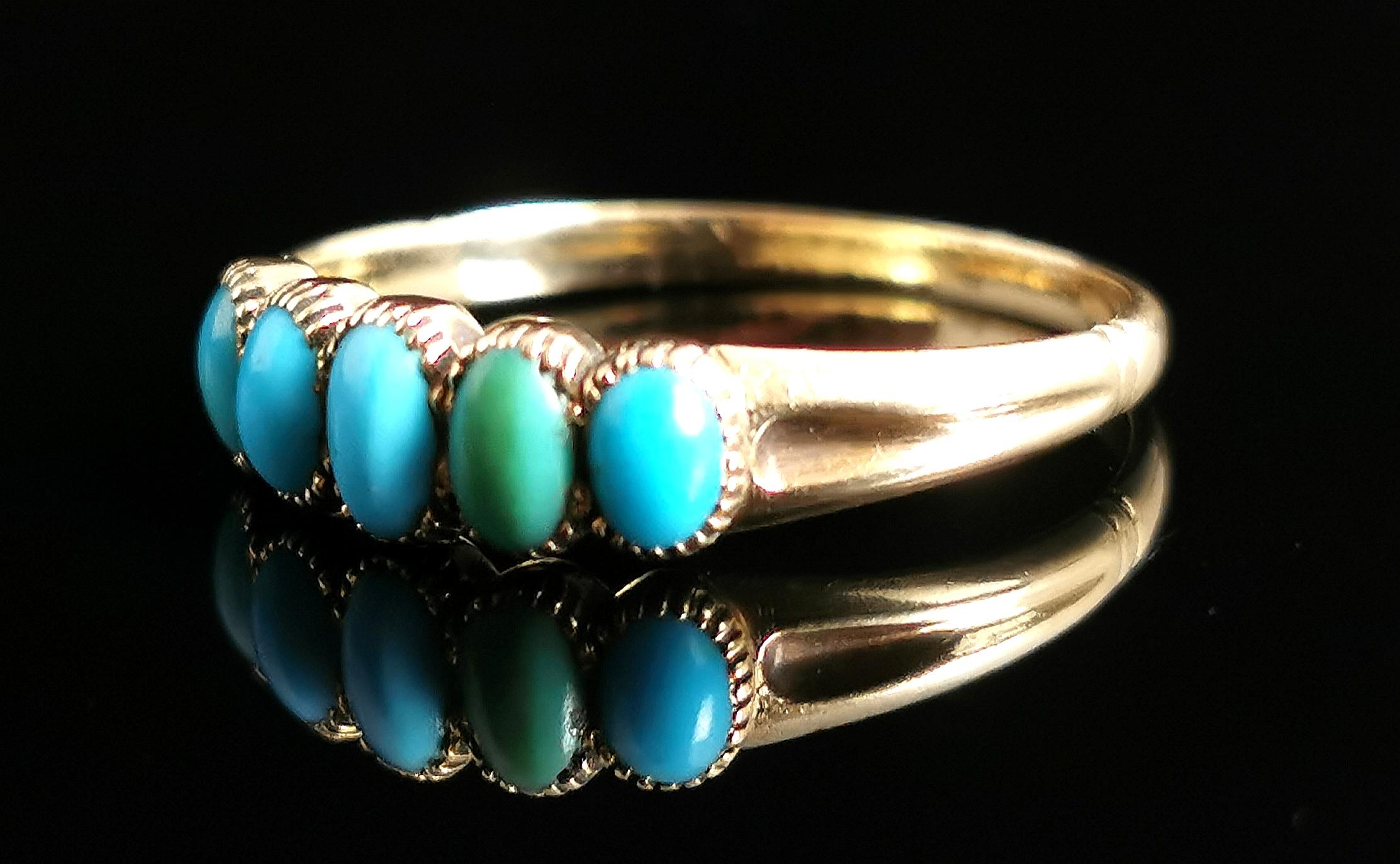 Women's Antique Victorian Five Stone Turquoise Ring, 18k Yellow Gold
