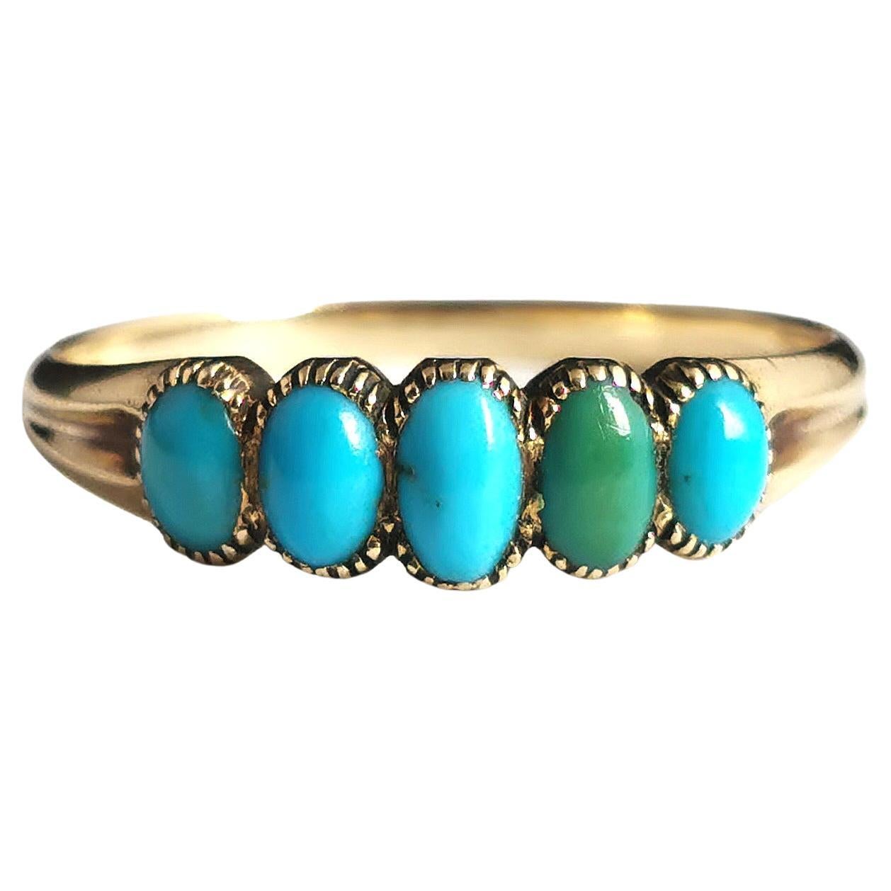 Antique Victorian Five Stone Turquoise Ring, 18k Yellow Gold