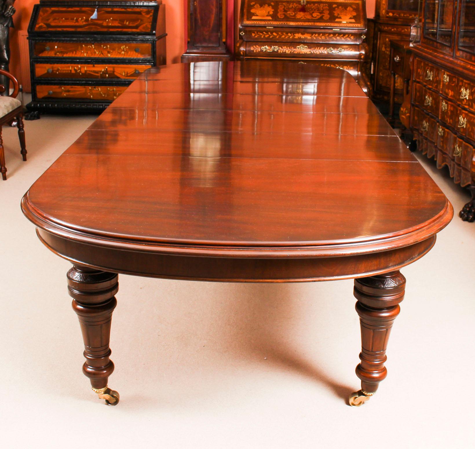 This is a fantastic antique Victorian solid mahogany D-end dining table which can seat ten diners in comfort, circa 1870 in date.
 
This beautiful table is in stunning flame mahogany and has four leaves of approximately 45 cm each, which can be