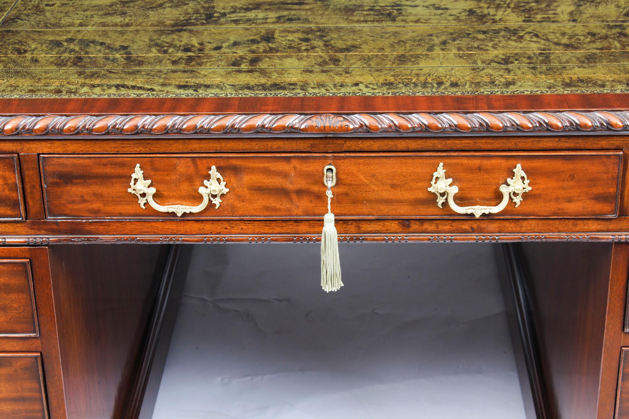 Brass Antique Victorian Flame Mahogany Partners Pedestal Desk, 19th Century