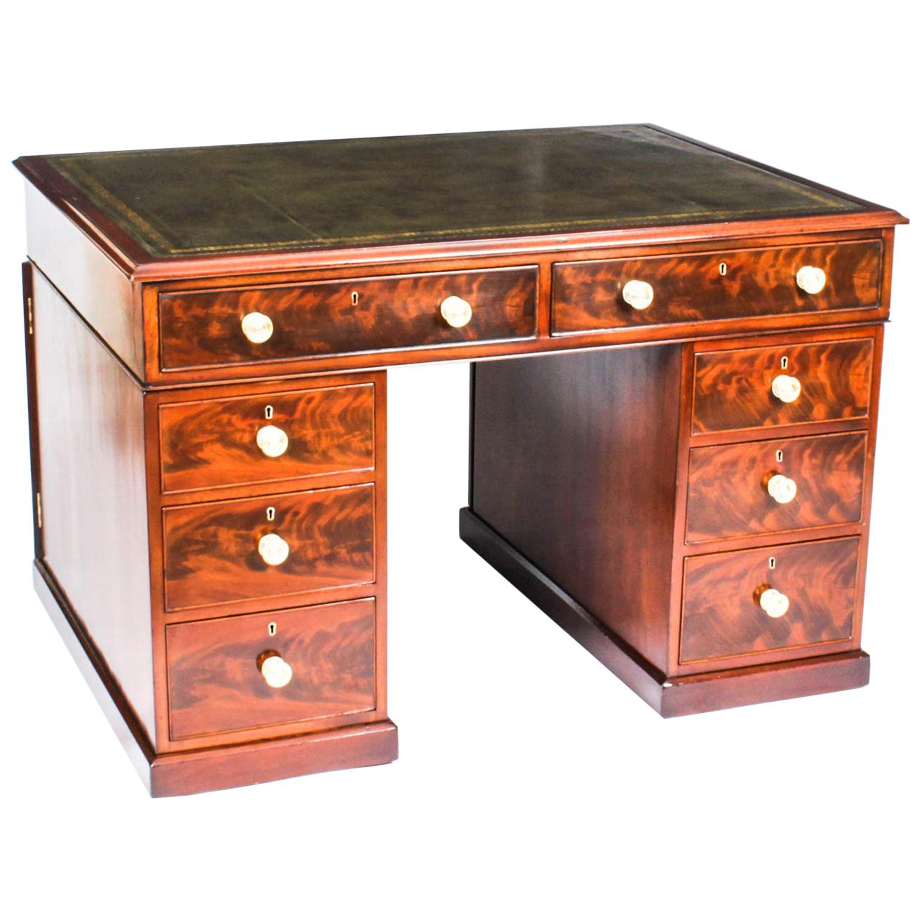 Antique Victorian Flame Mahogany Partners Pedestal Desk, 19th C For Sale