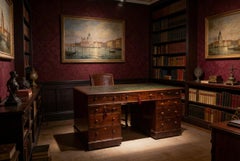 Antique Victorian Flame Mahogany Partners Pedestal Desk 19th Century