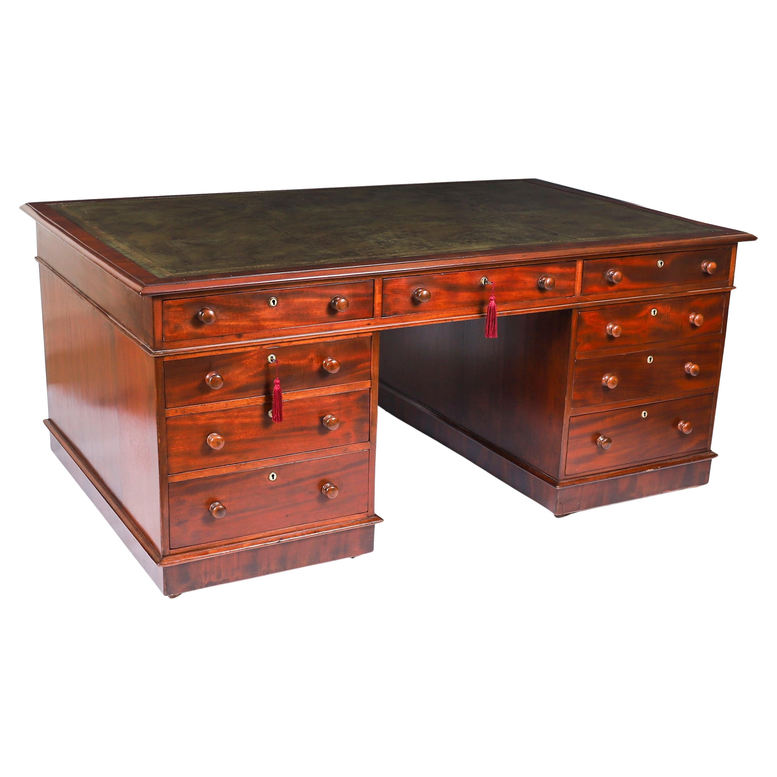 Antique Victorian Flame Mahogany Partners Pedestal Desk 19th Century