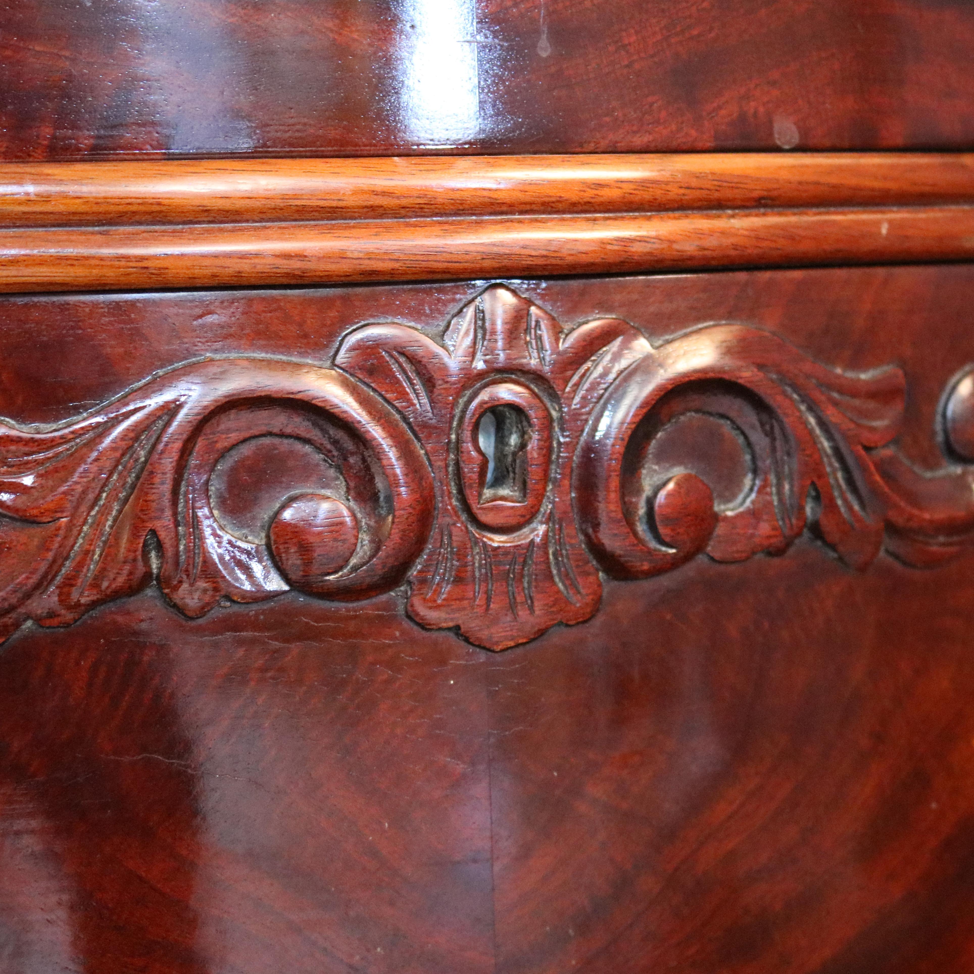 Antique Victorian Flame Mahogany Swell Front Marble Top Chest, Circa 1860 1