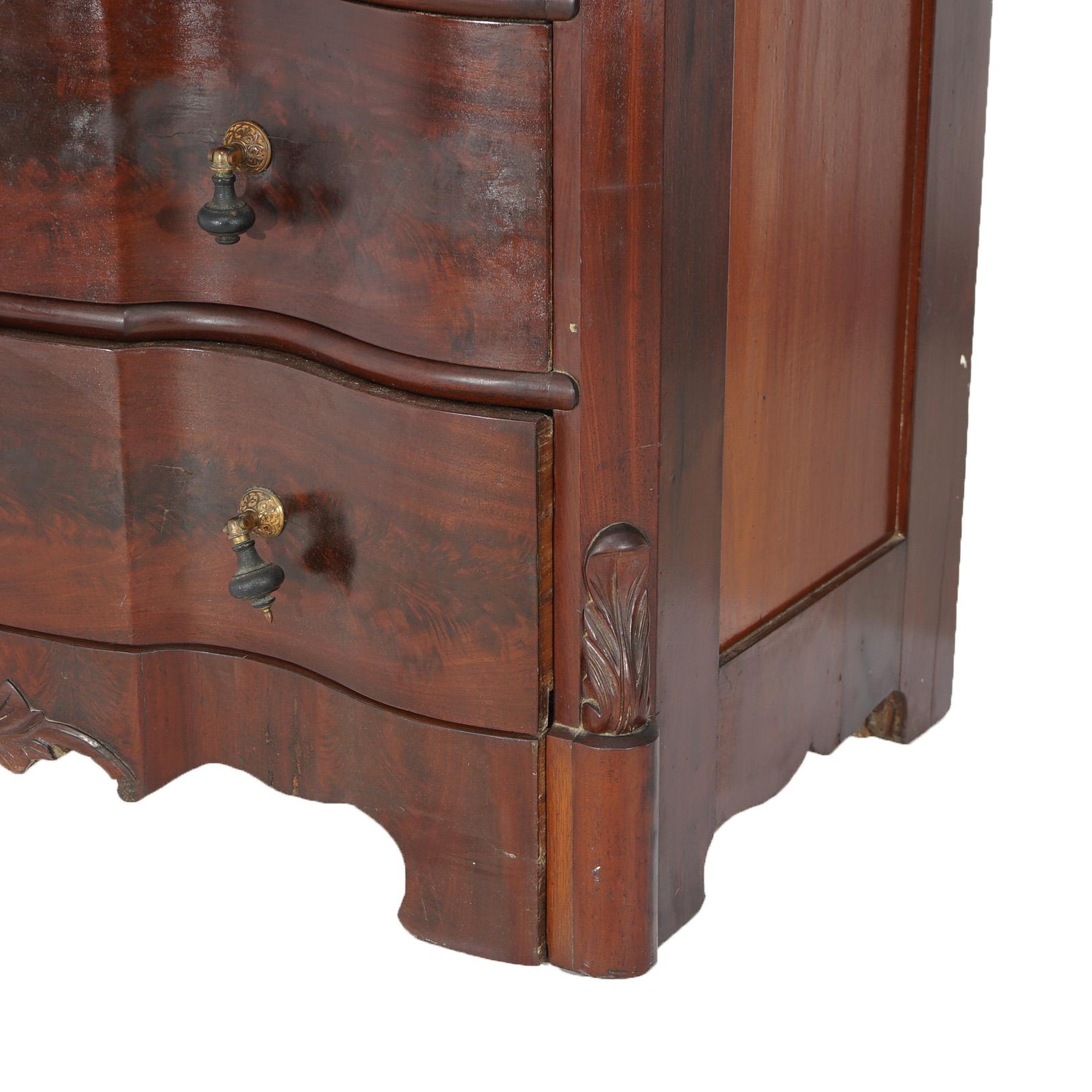 Beveled Antique Victorian Flame Mahogany Swell Front Mirrored Chest of Drawers c1860 For Sale