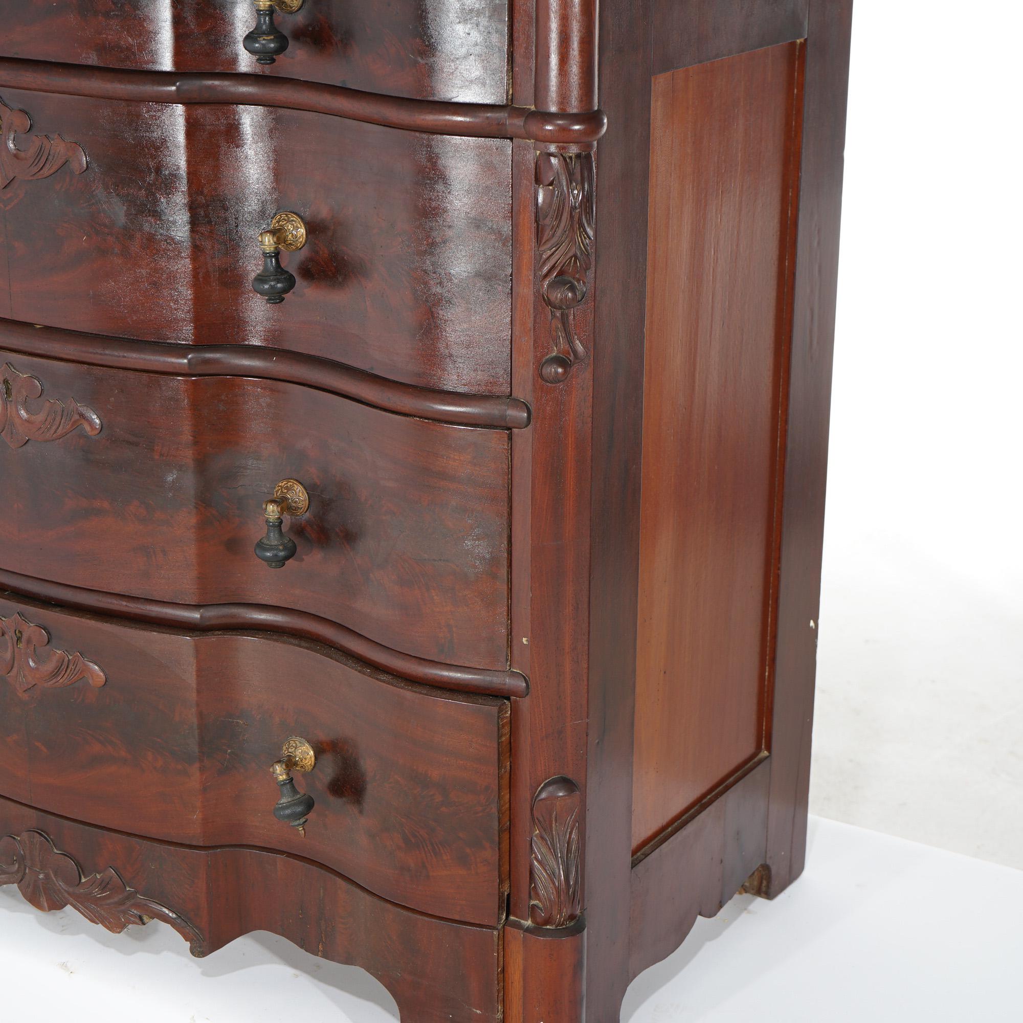 Antique Victorian Flame Mahogany Swell Front Mirrored Chest of Drawers c1860 In Good Condition For Sale In Big Flats, NY