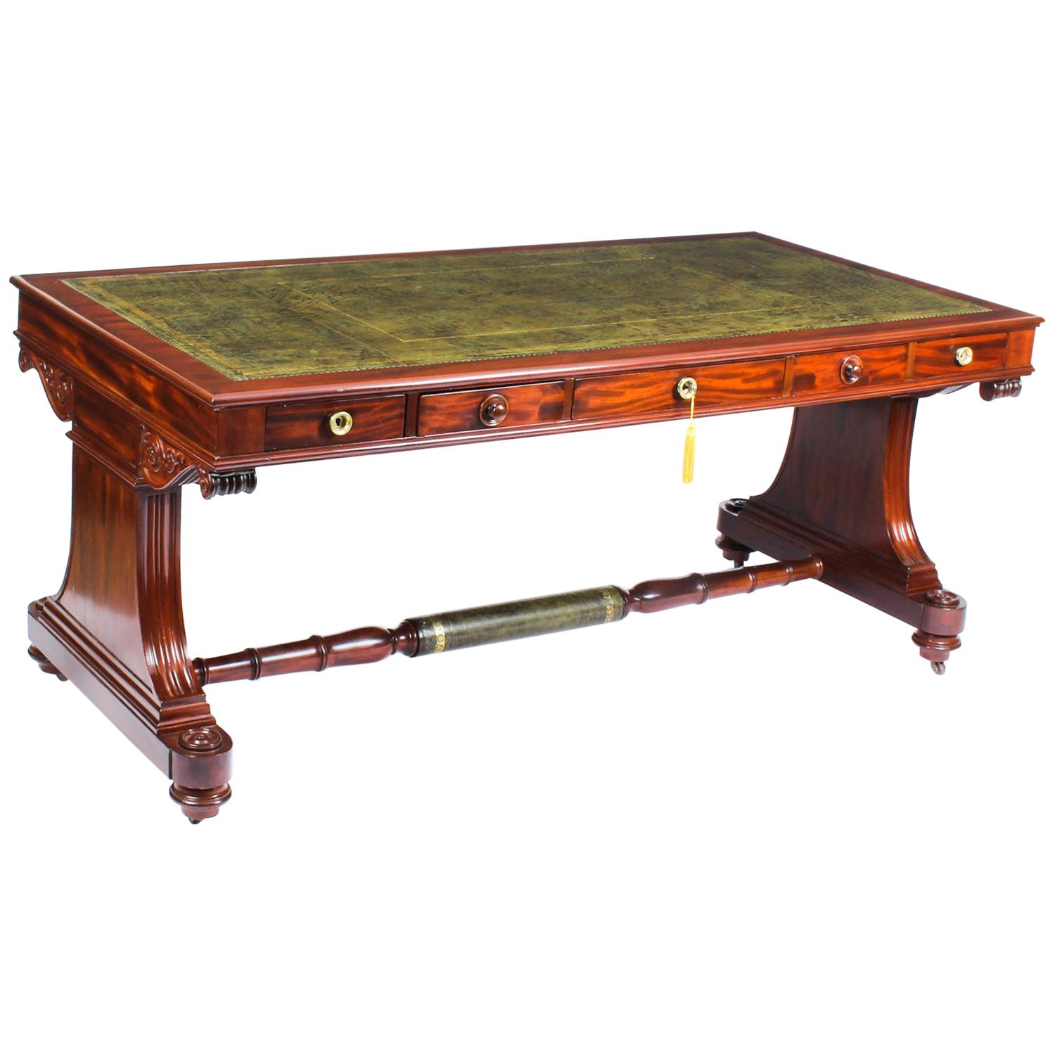 Antique Victorian Flame Mahogany Writing Library Centre Table, 19th Century