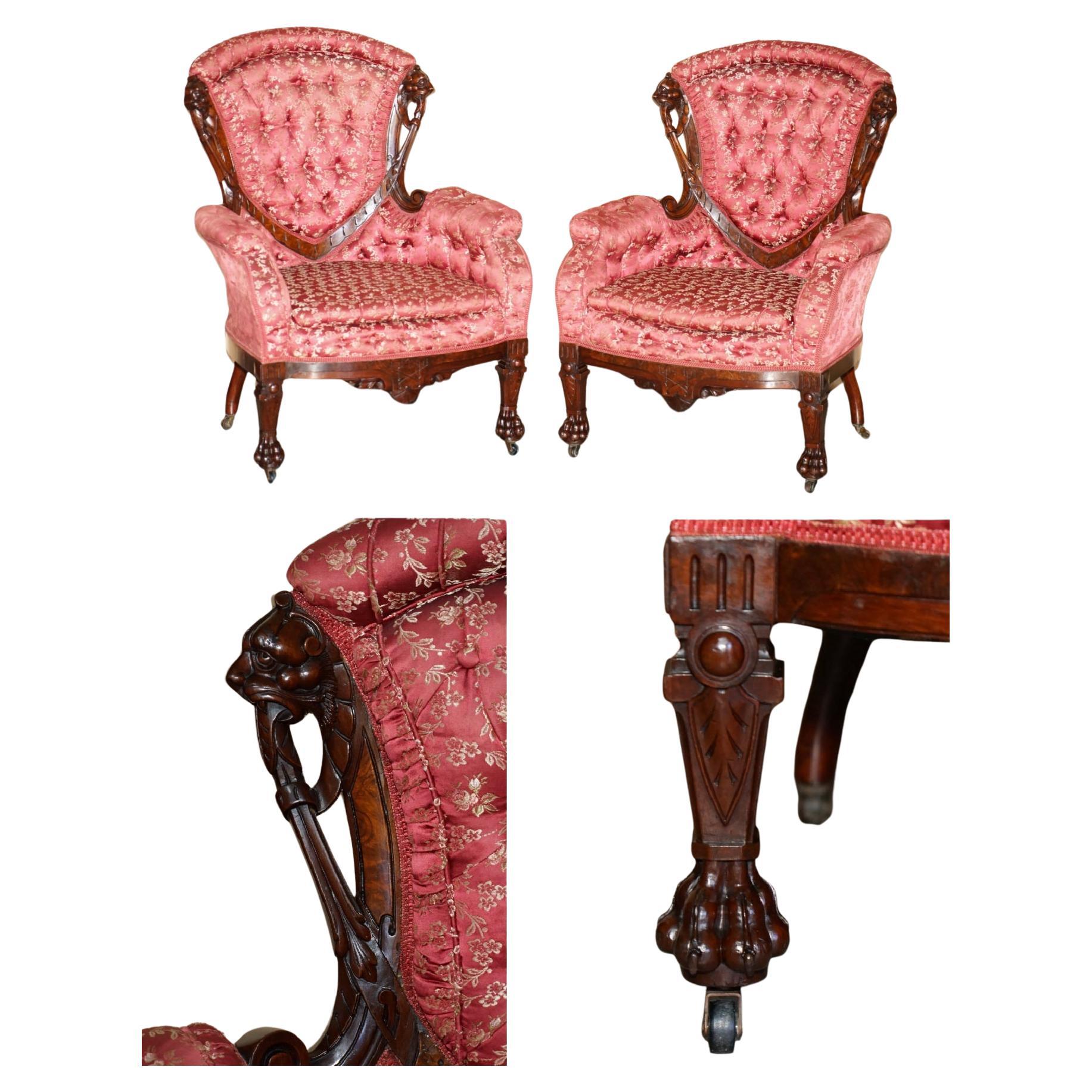 ANTIQUE VICTORIAN FLAMED HARDWOOD LION CARVED PAiR OF ARMCHAIRS PART OF A SUITE