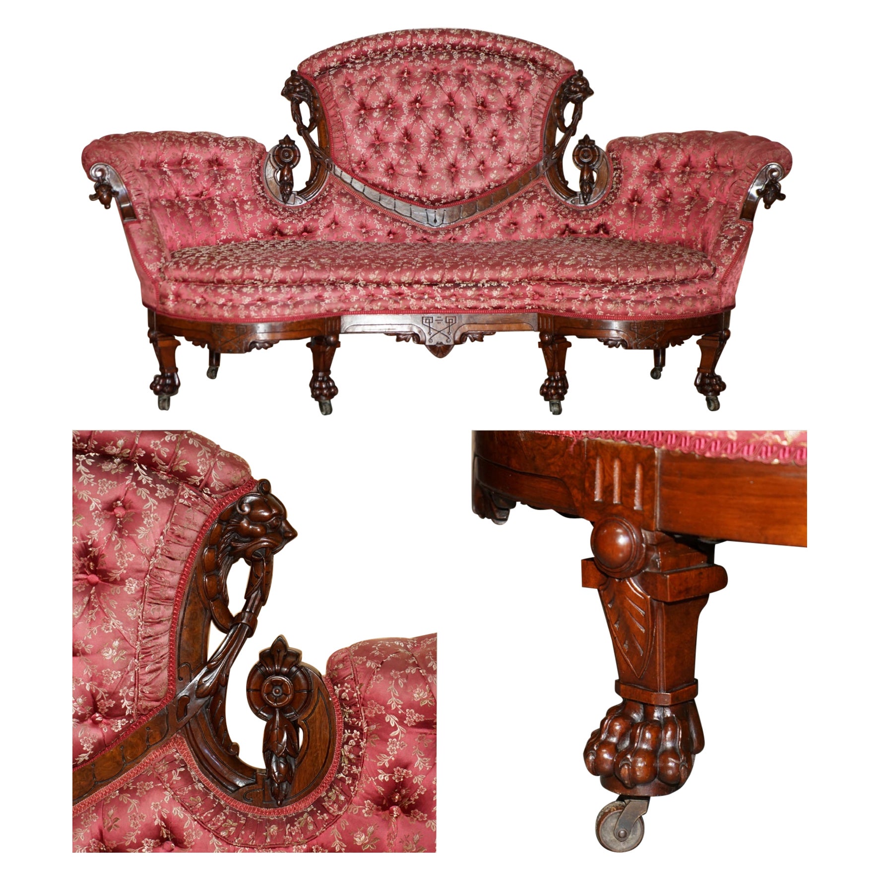 ANTIGUO SOFÁ O SILLÓN VICTORIANO DE MADERA DURA TALLADA CON LEONES PARTE DE UN SUiTE en venta