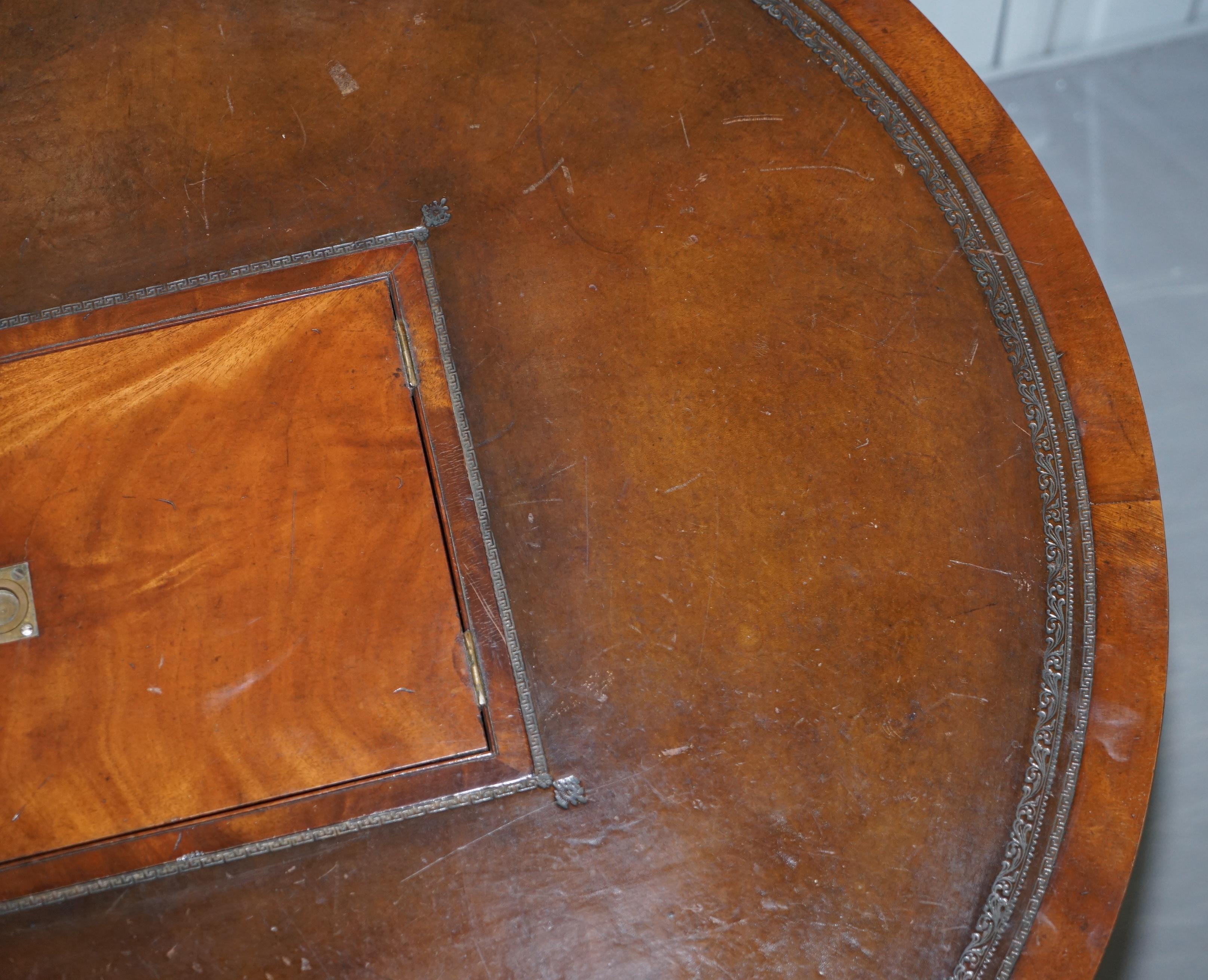Antique Victorian Flamed Hardwood Revolving Rent Drum Table Brown Leather Top For Sale 4