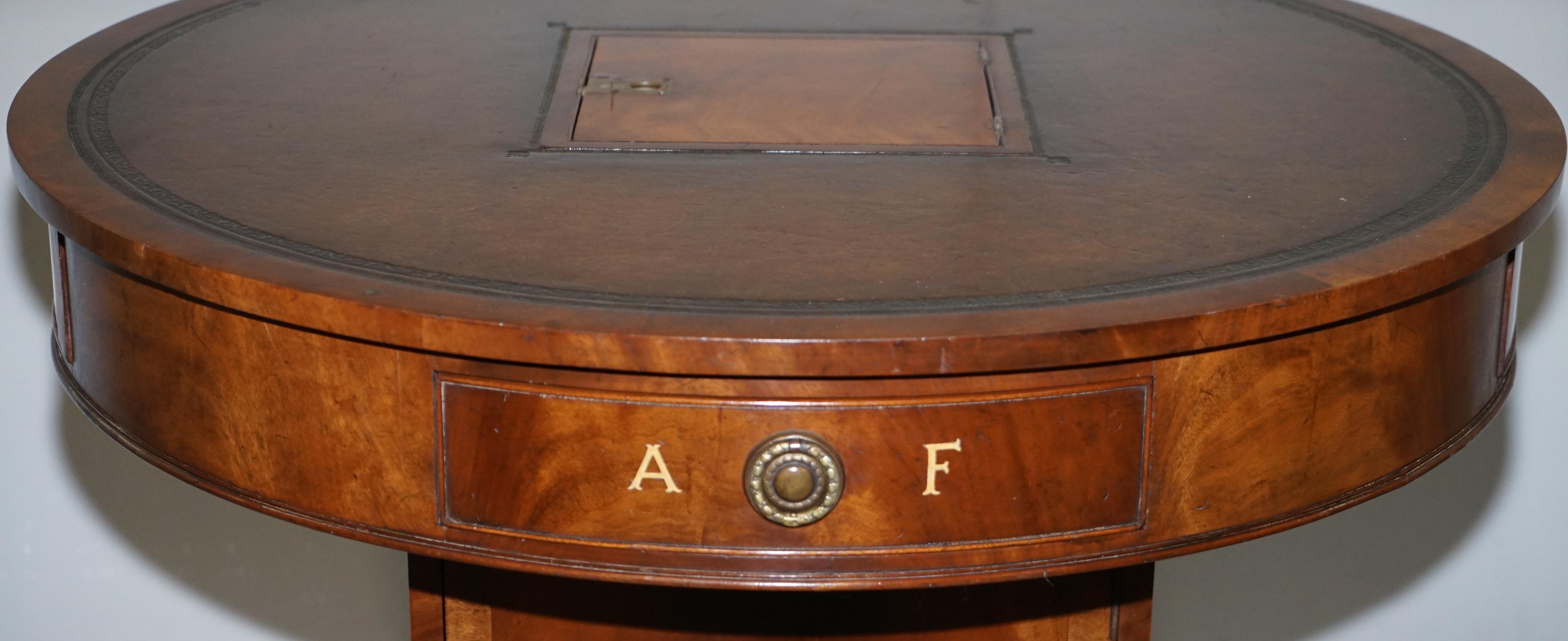 Antique Victorian Flamed Hardwood Revolving Rent Drum Table Brown Leather Top For Sale 7