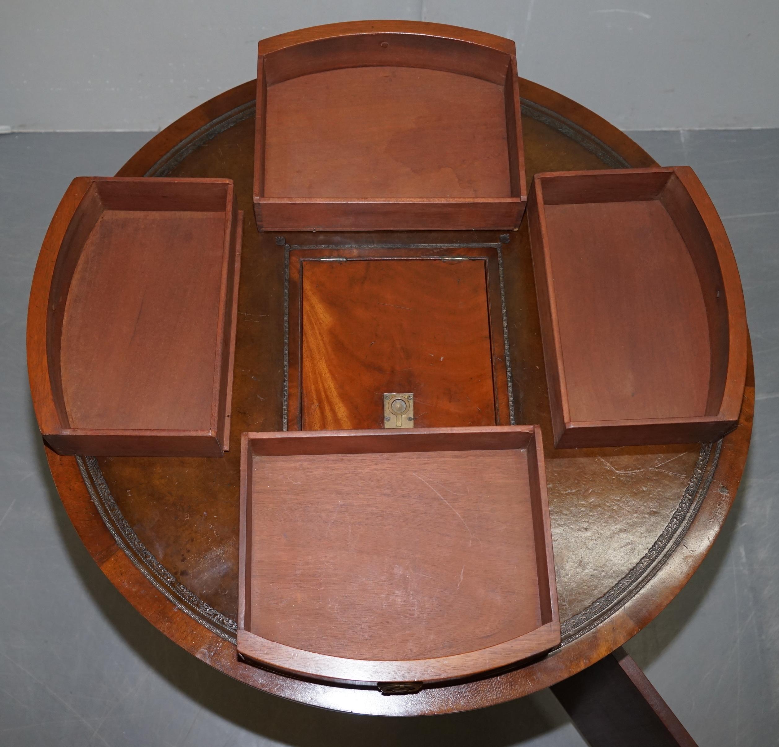 Antique Victorian Flamed Hardwood Revolving Rent Drum Table Brown Leather Top For Sale 12