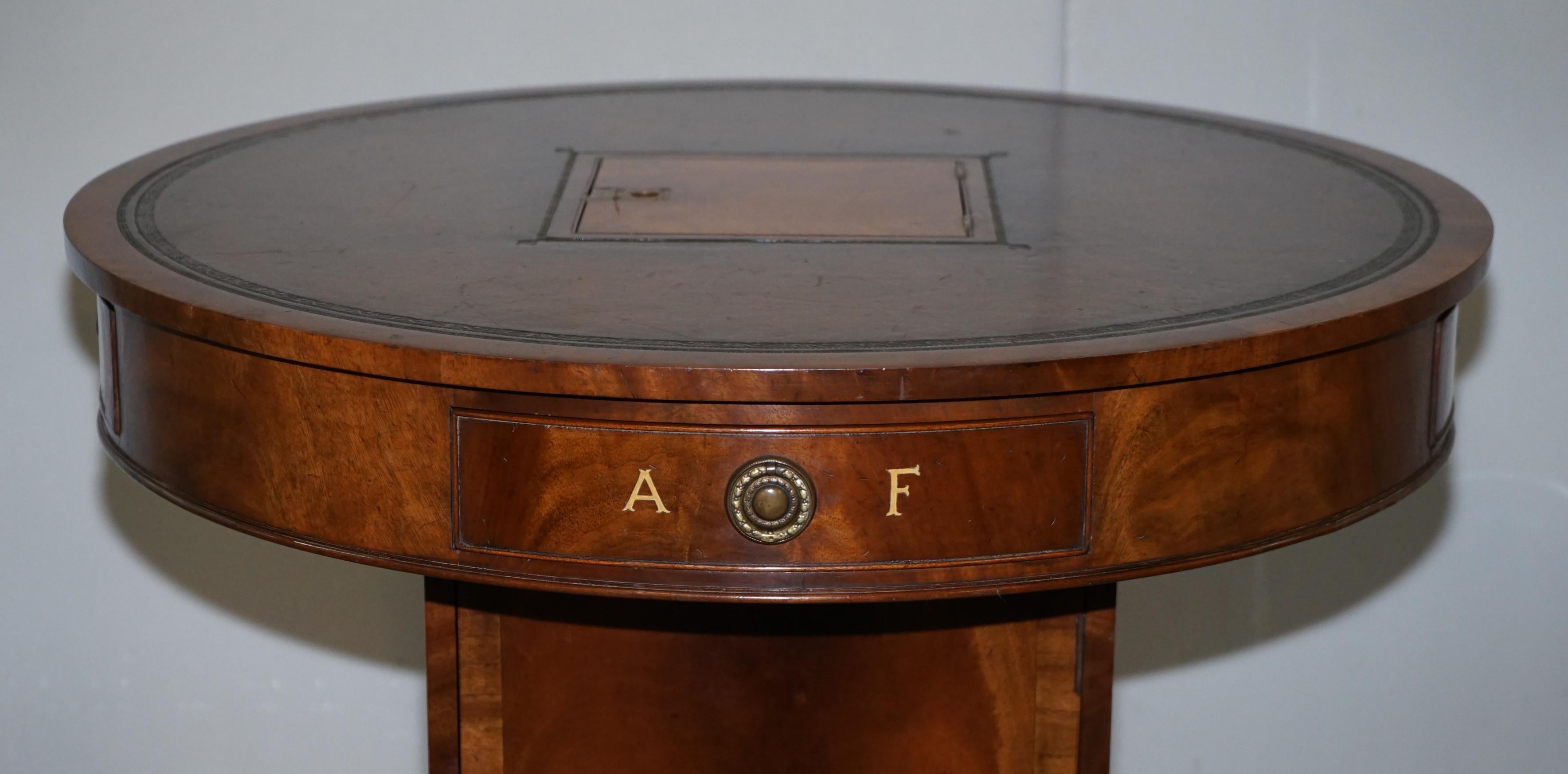 English Antique Victorian Flamed Hardwood Revolving Rent Drum Table Brown Leather Top For Sale