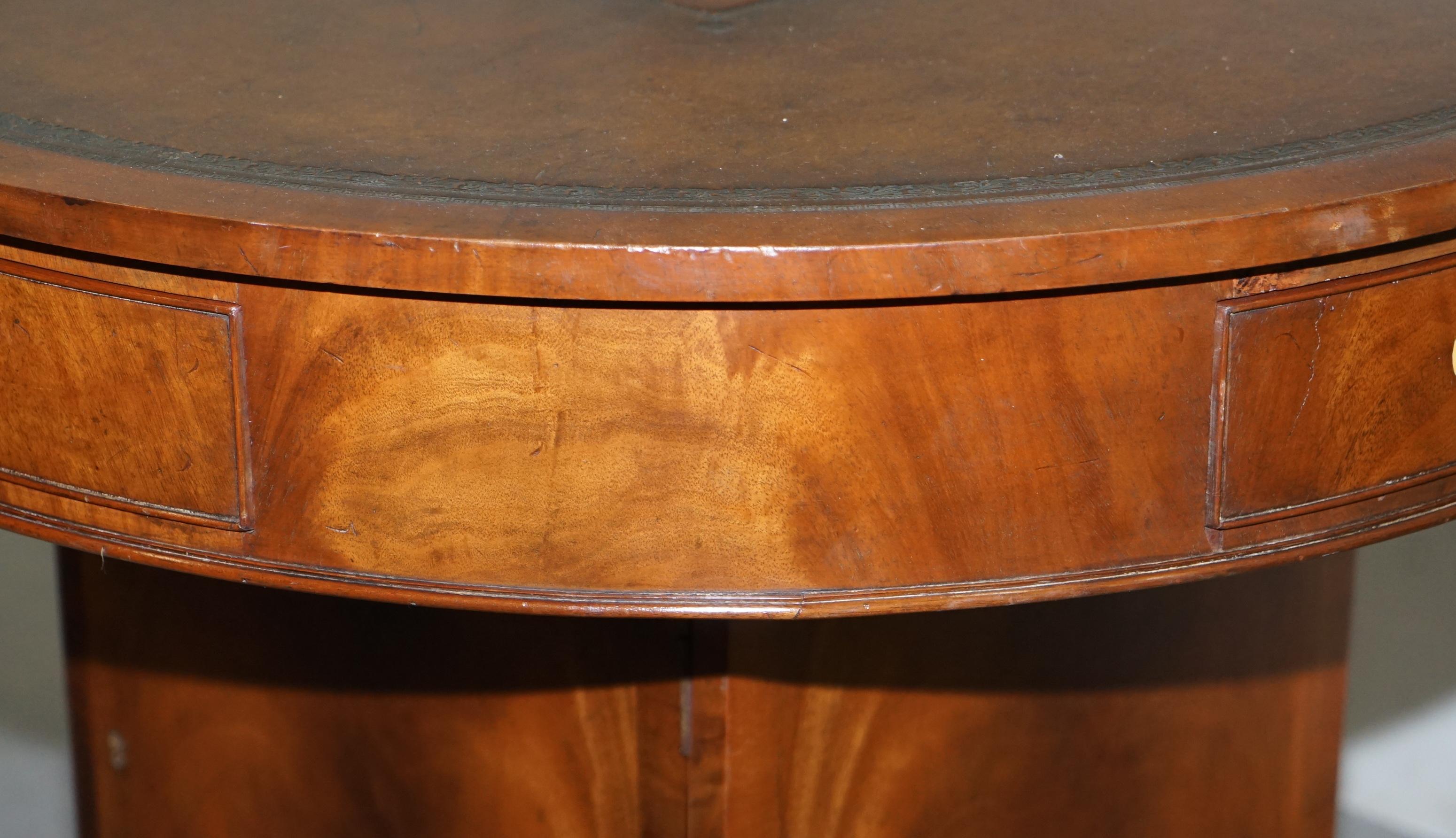 Late 19th Century Antique Victorian Flamed Hardwood Revolving Rent Drum Table Brown Leather Top For Sale