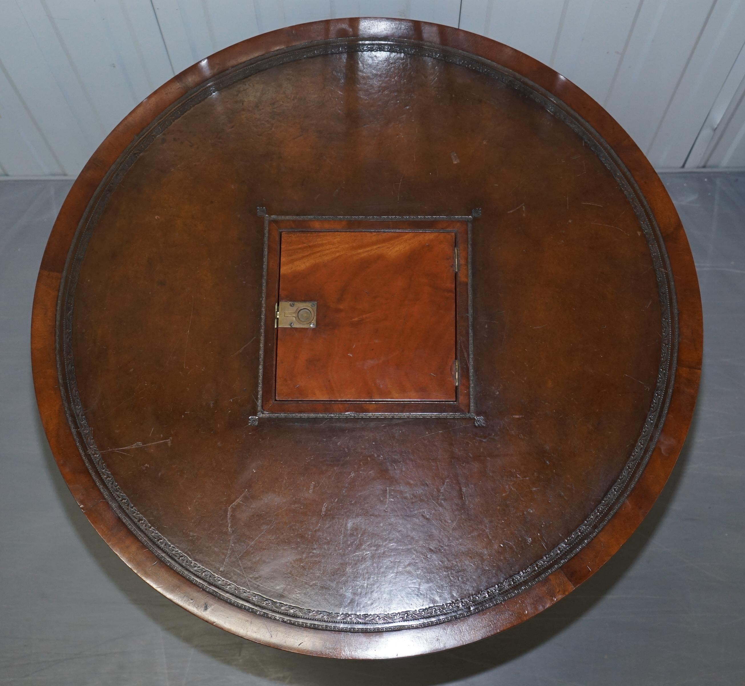 Antique Victorian Flamed Hardwood Revolving Rent Drum Table Brown Leather Top For Sale 1