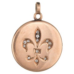 Antique Victorian Fleur-de-Lis Locket Old Mine Cut Diamond 10 Karat Gold Vintage