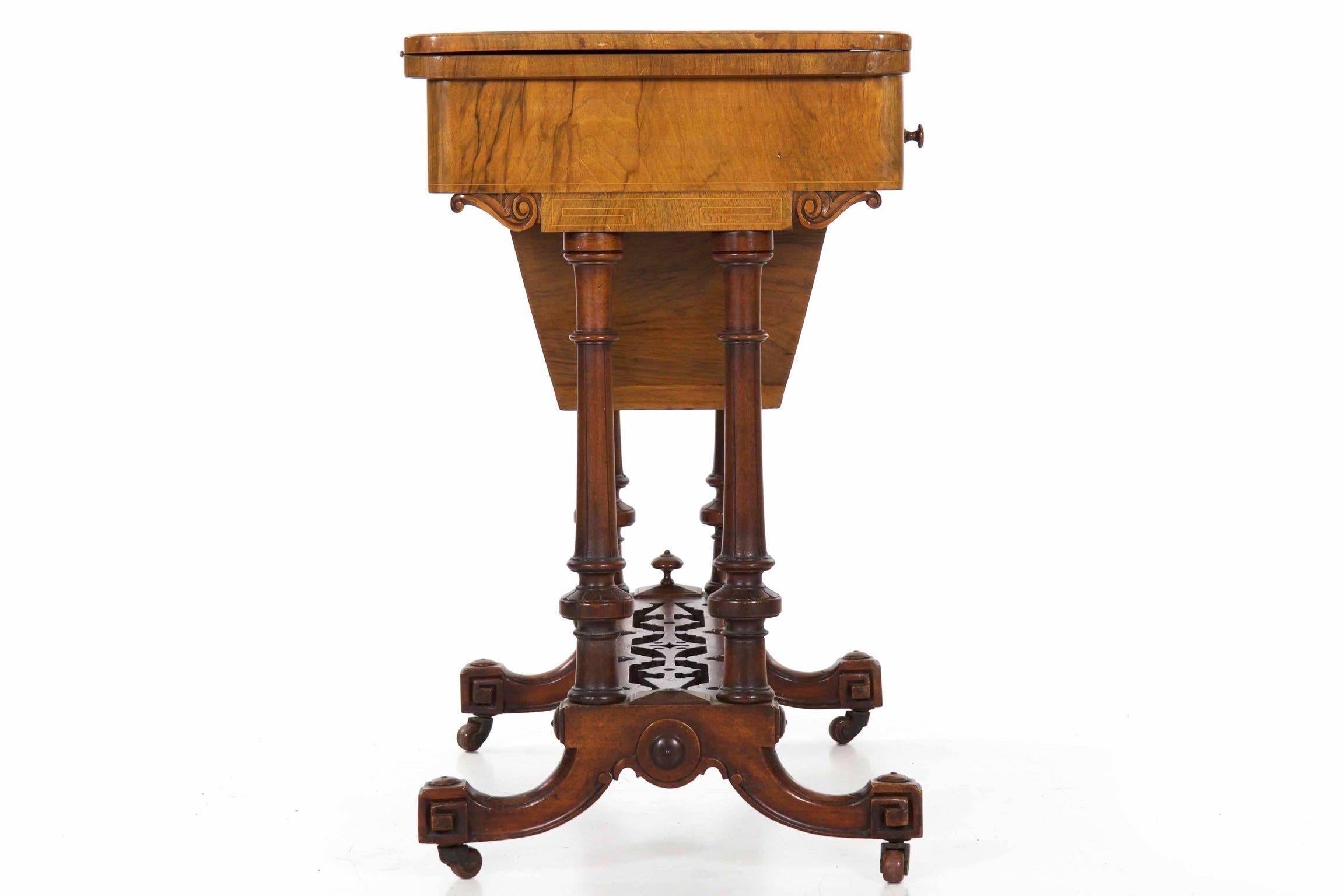 Antique Victorian Flip Top Figured Walnut Games & Work Table, circa 1860-1880 6