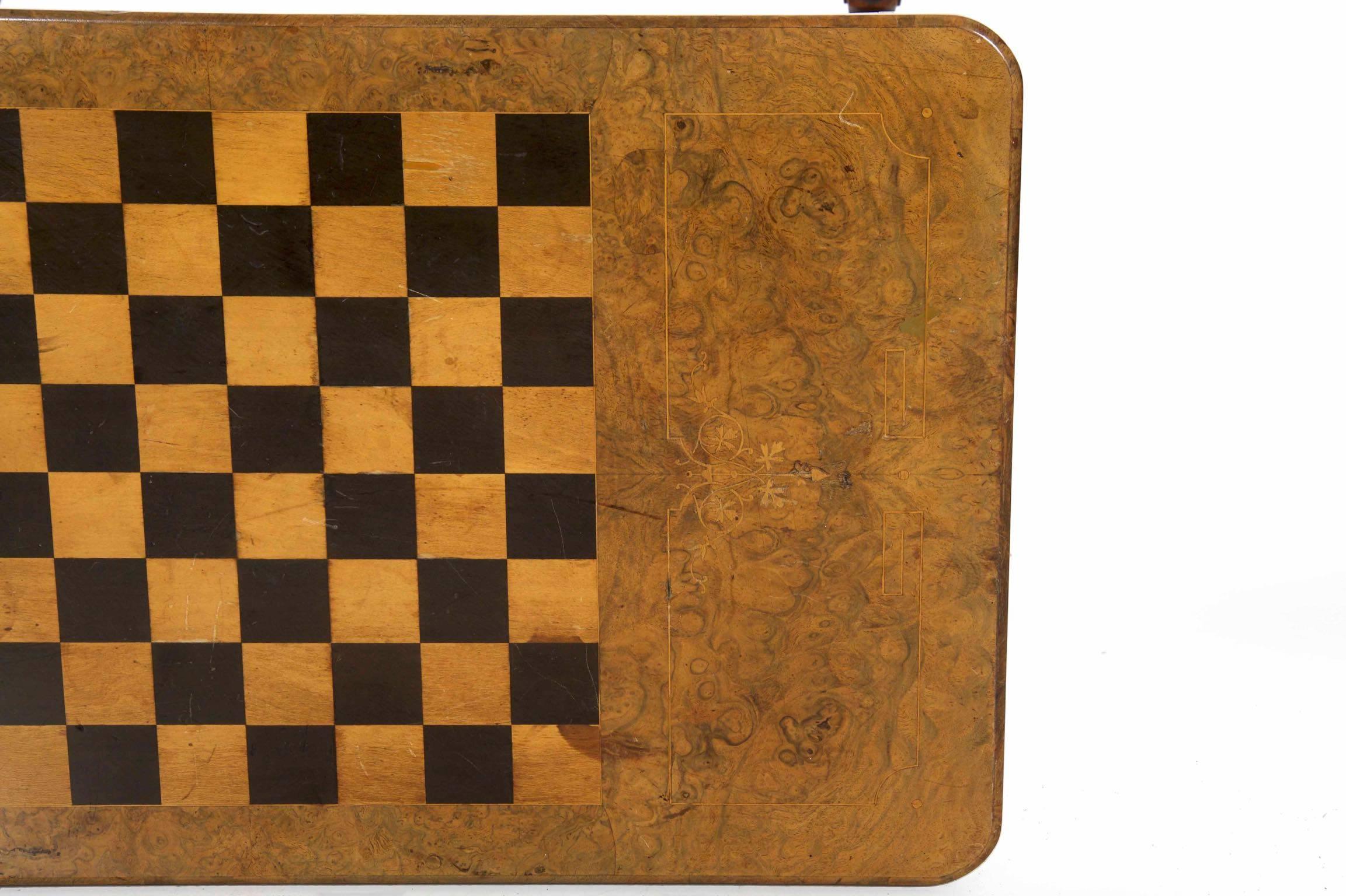 Antique Victorian Flip Top Figured Walnut Games & Work Table, circa 1860-1880 10