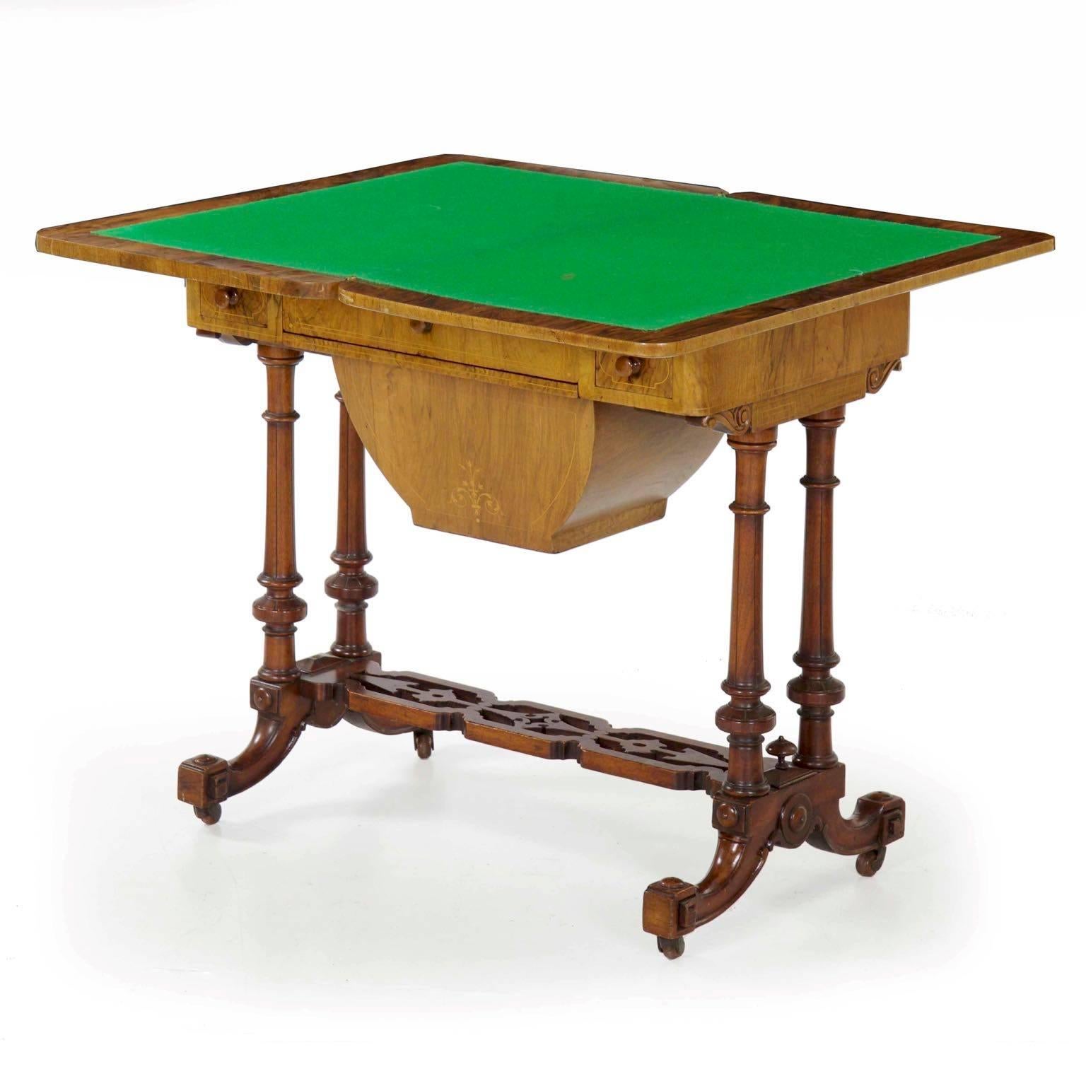 Early Victorian Antique Victorian Flip Top Figured Walnut Games & Work Table, circa 1860-1880