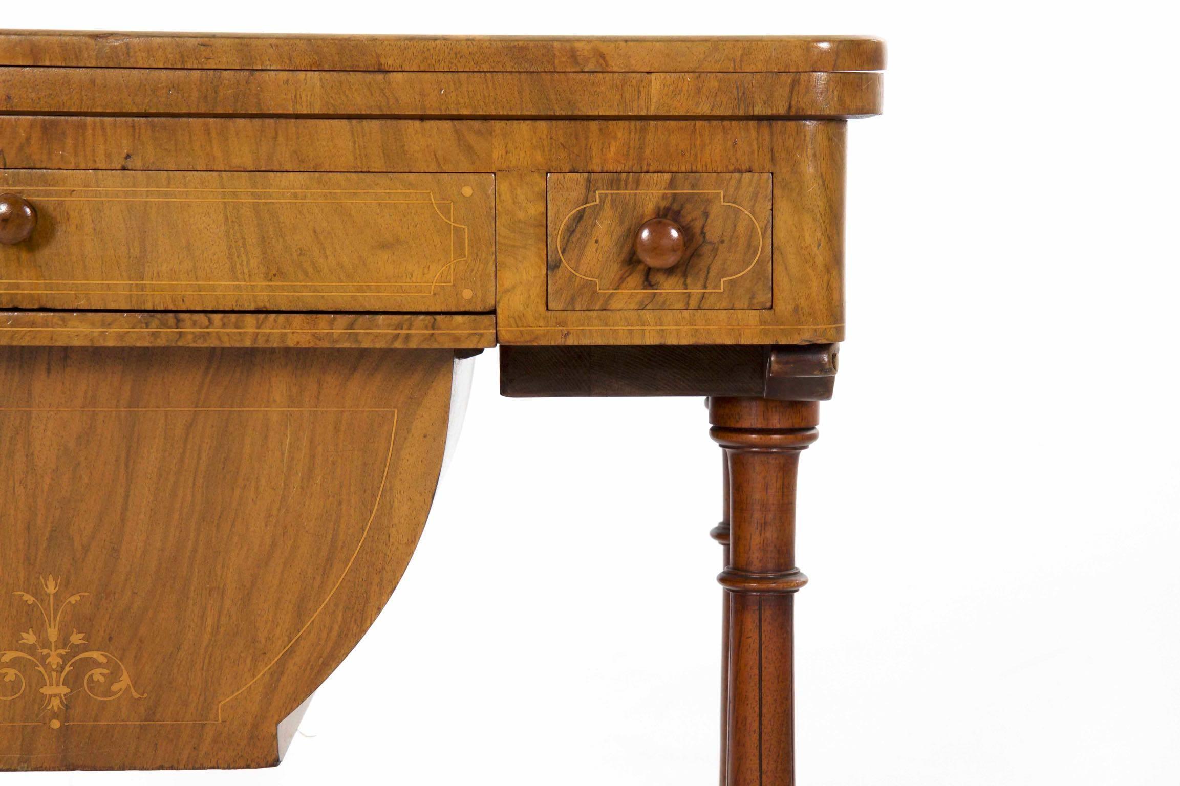 English Antique Victorian Flip Top Figured Walnut Games & Work Table, circa 1860-1880