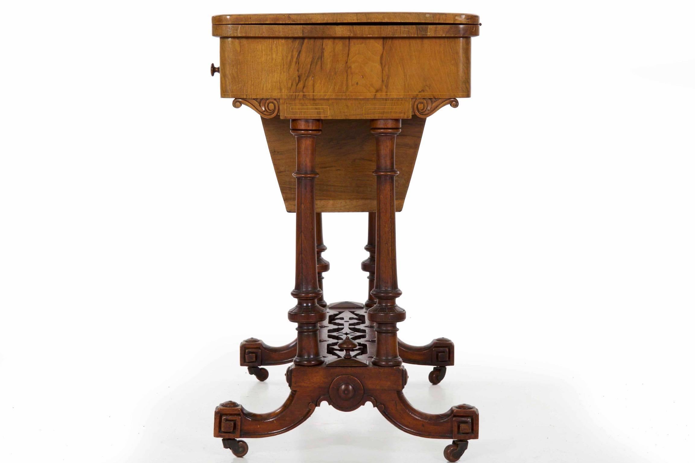 Ebony Antique Victorian Flip Top Figured Walnut Games & Work Table, circa 1860-1880