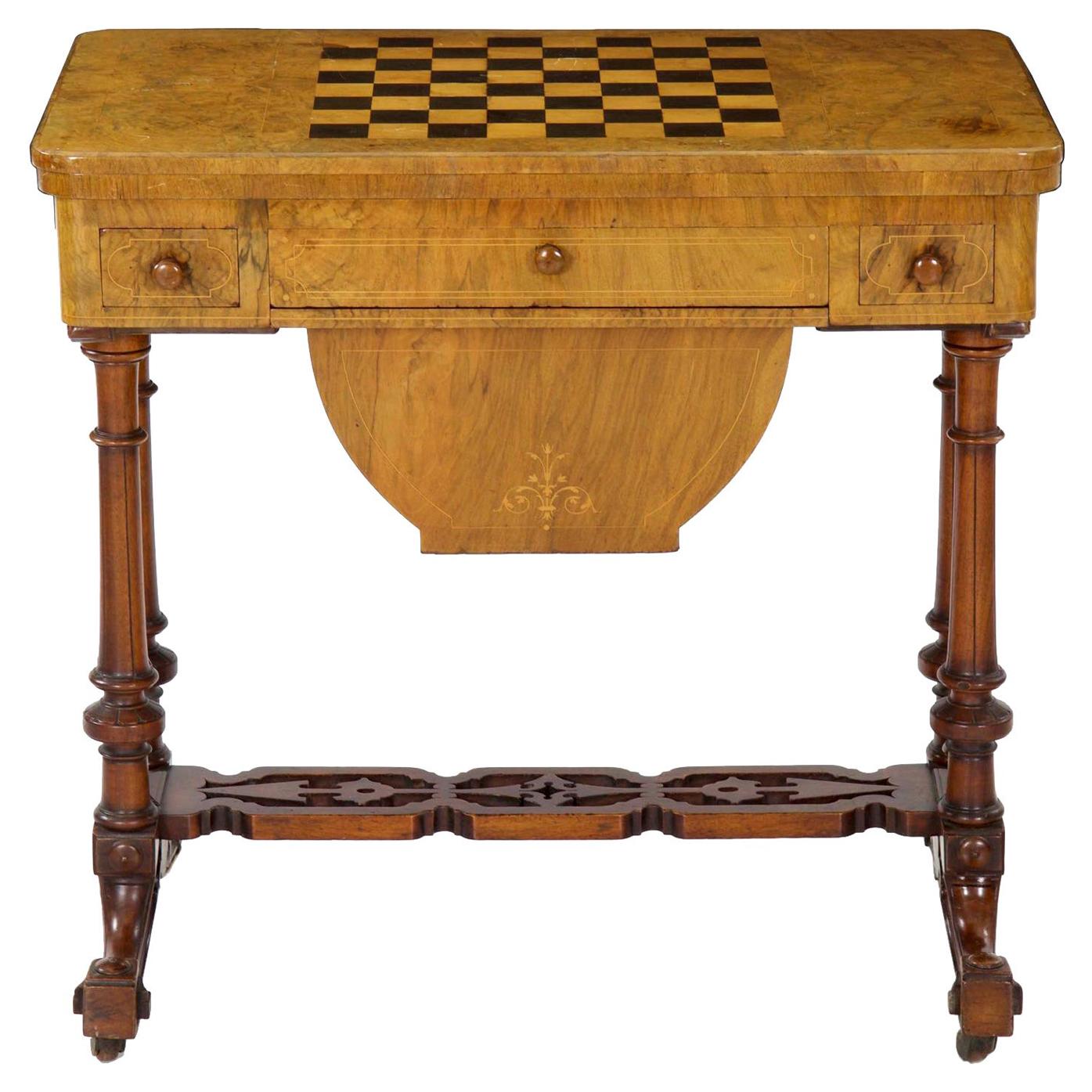 Antique Victorian Flip Top Figured Walnut Games & Work Table, circa 1860-1880