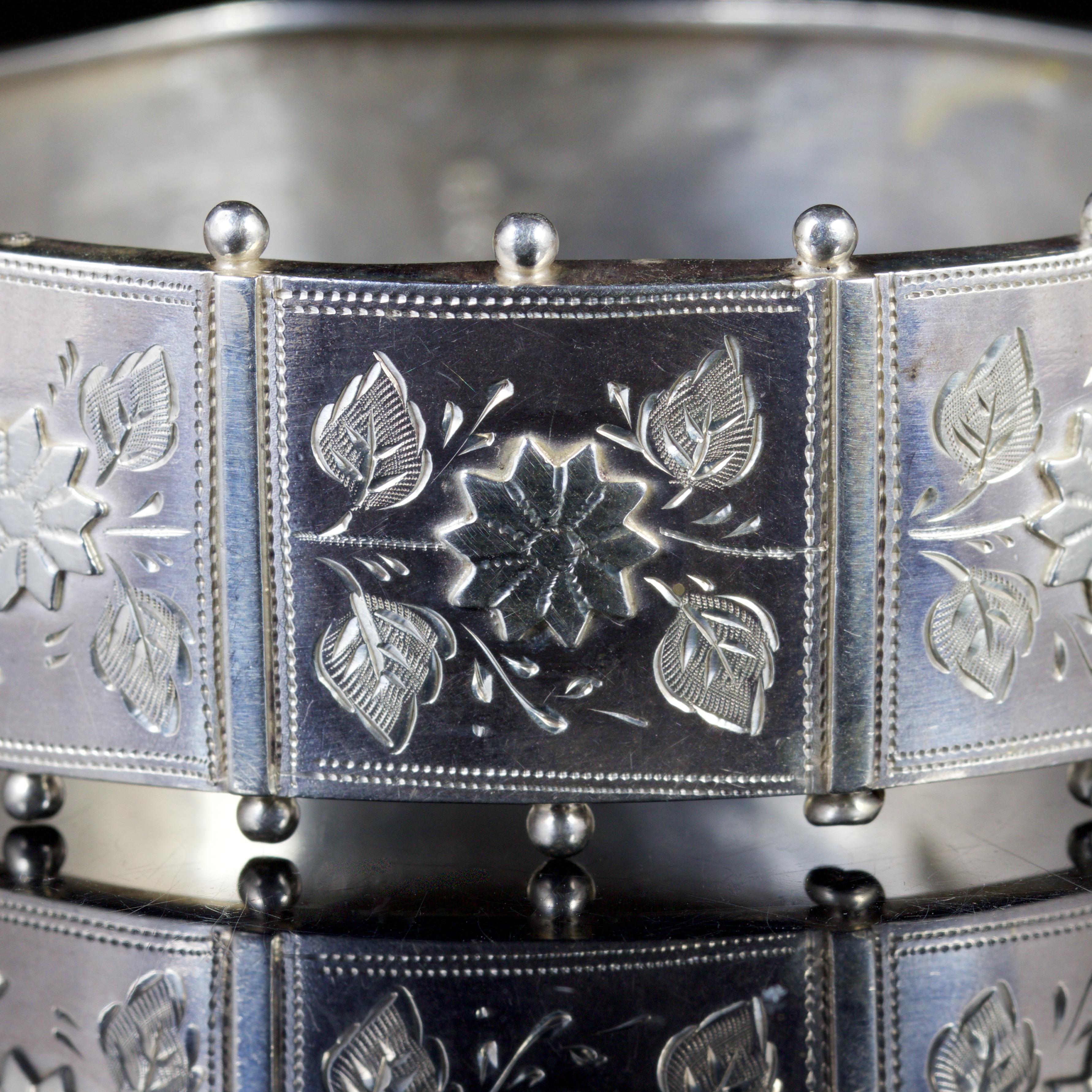 Women's Antique Victorian Floral Bangle Sterling Silver Dated 1885 For Sale