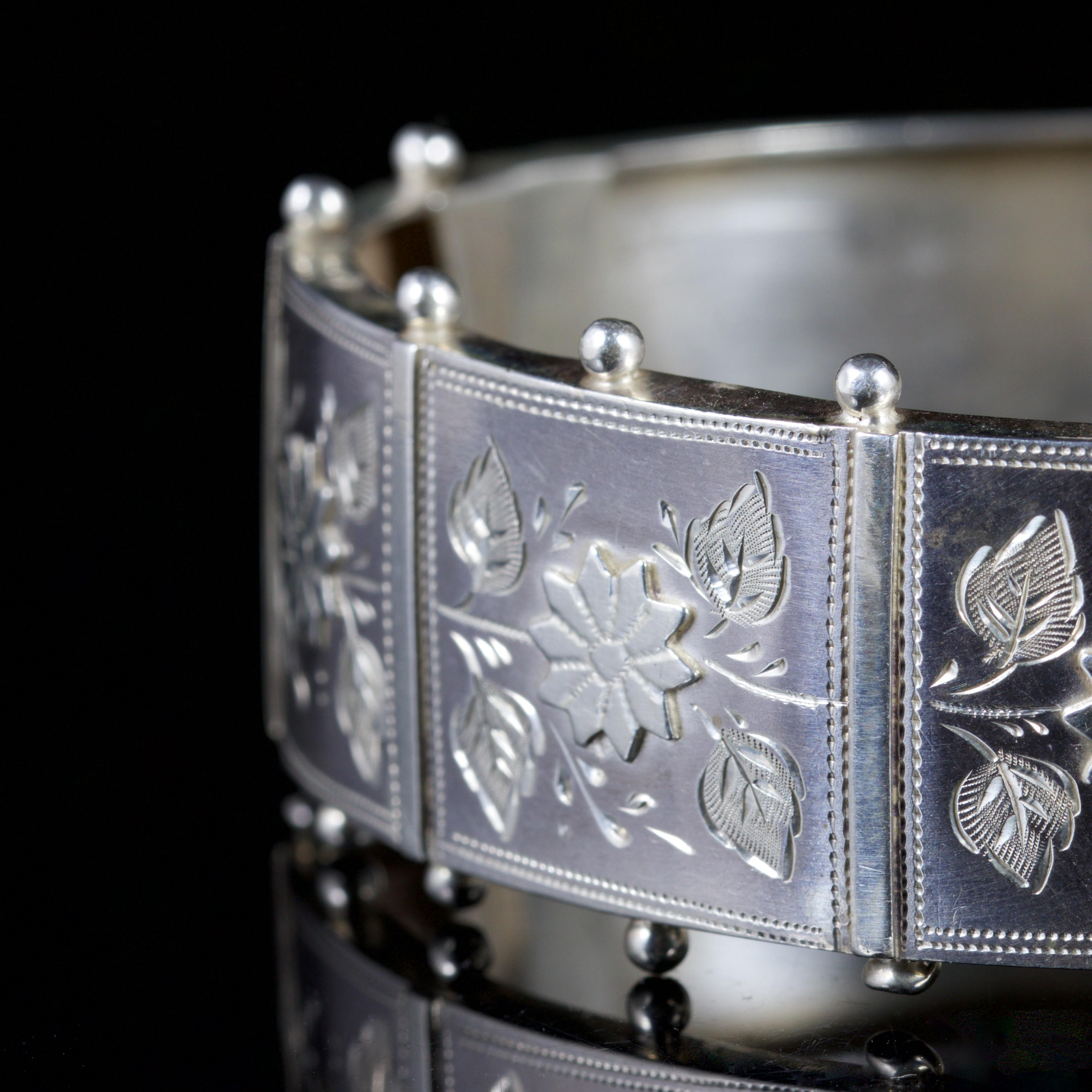 Antique Victorian Floral Bangle Sterling Silver Dated 1885 For Sale 1