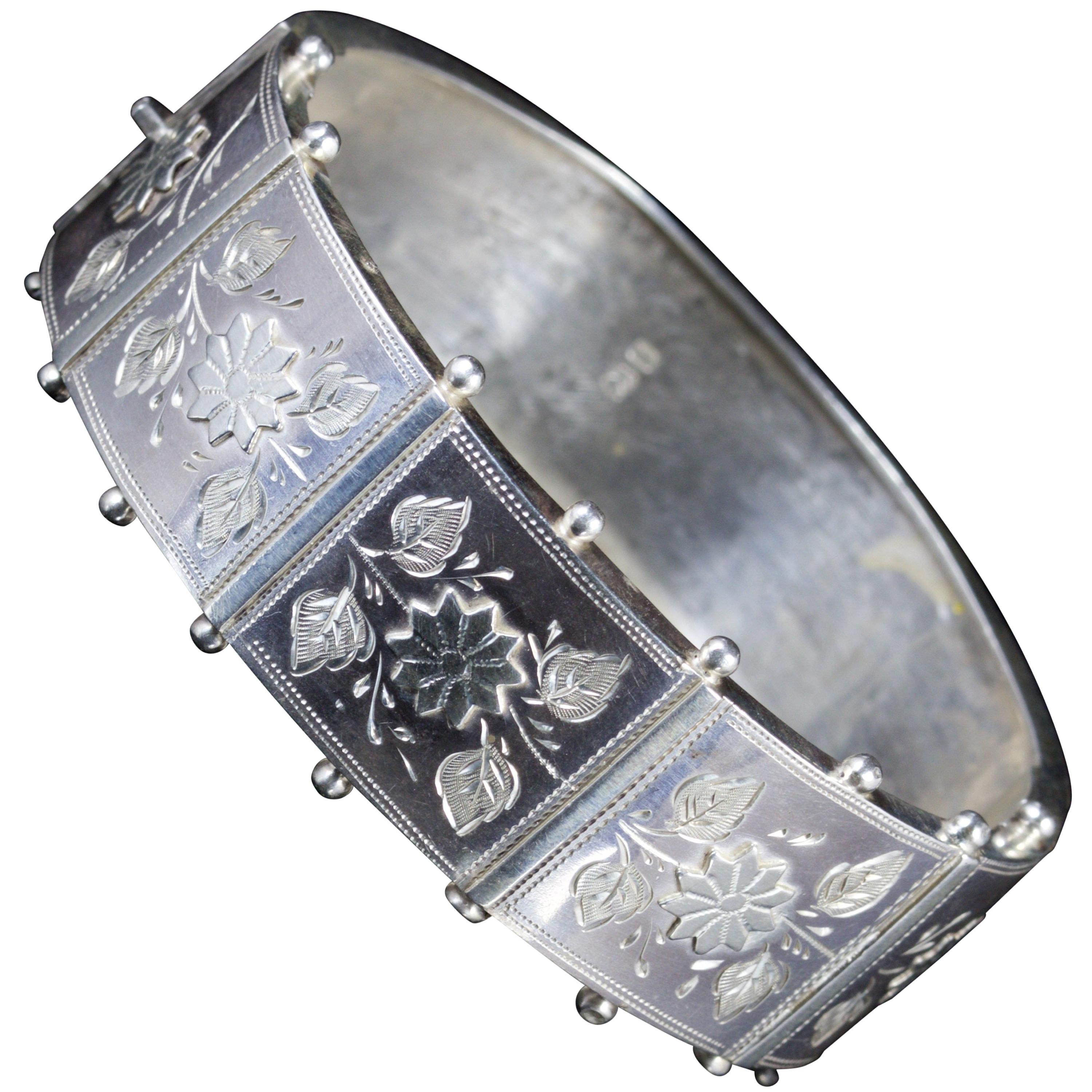 Antique Victorian Floral Bangle Sterling Silver Dated 1885 For Sale