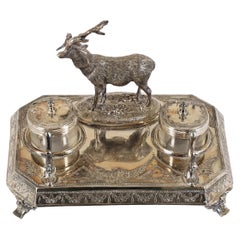 Antique Victorian Floral Engraved Silver Plated Inkstand, Scotland 1880, B2770y