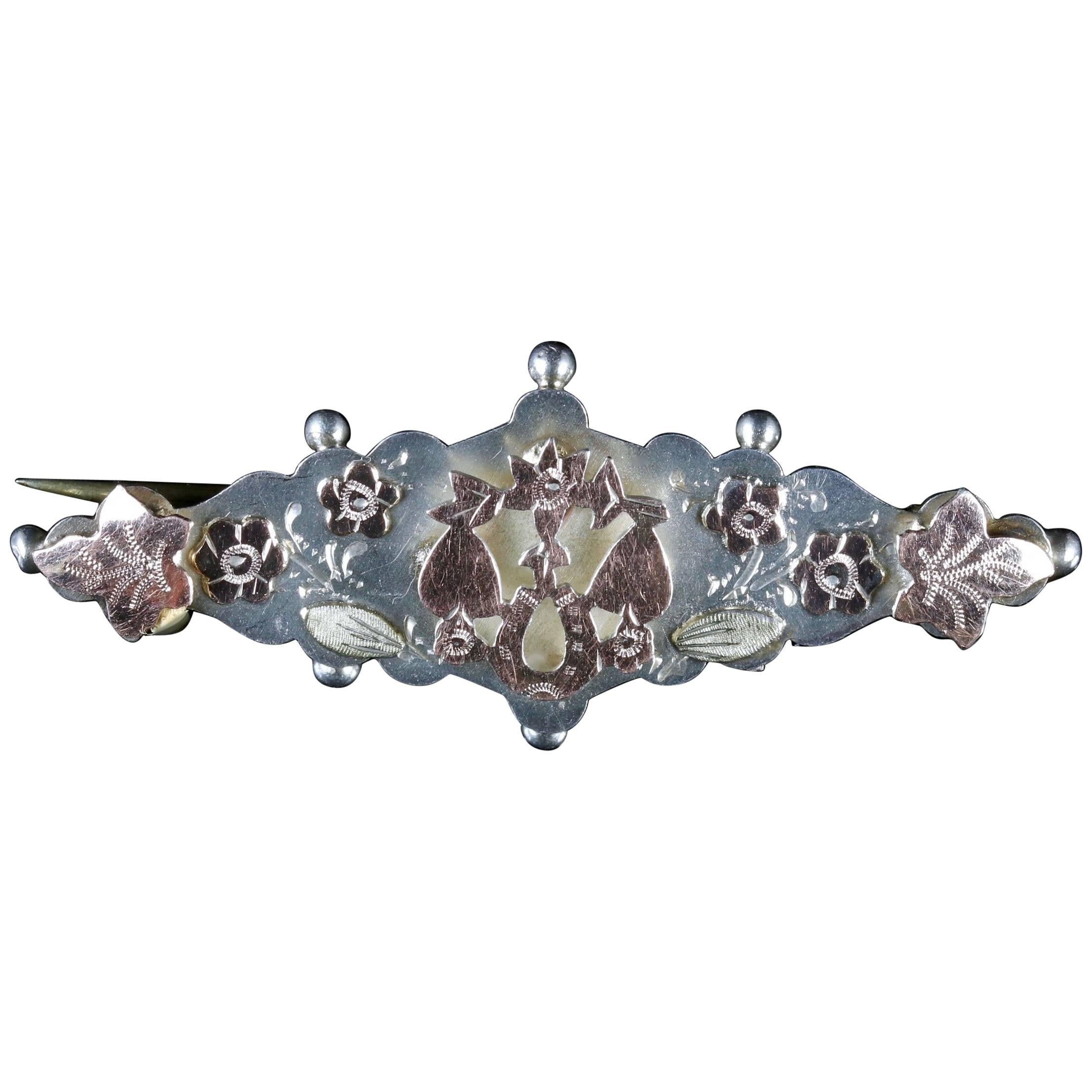 Antique Victorian Floral Horseshoe Brooch Silver, circa 1900 For Sale