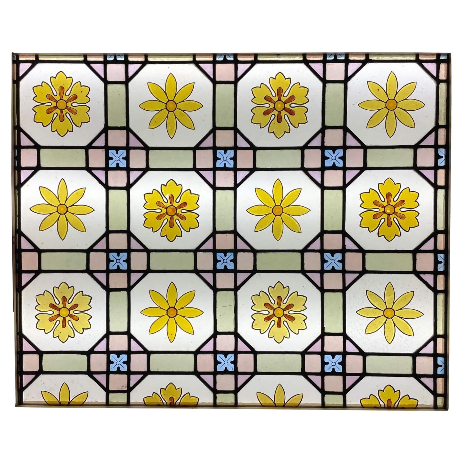 Antique Victorian Floral Leaded Glass Window