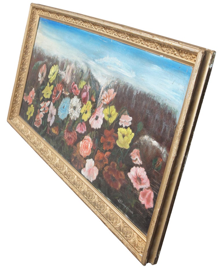 Antique floral oil painting on tin. Features various flowers on large tin canvas, framed in ornate gold. Measures: 44