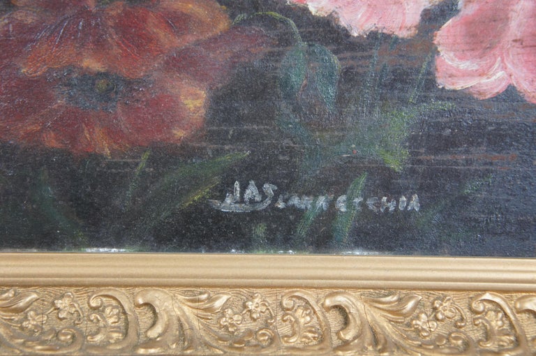 19th Century Antique Victorian Floral Oil Painting on Tin Gold Frame Signed Peonies Roses For Sale