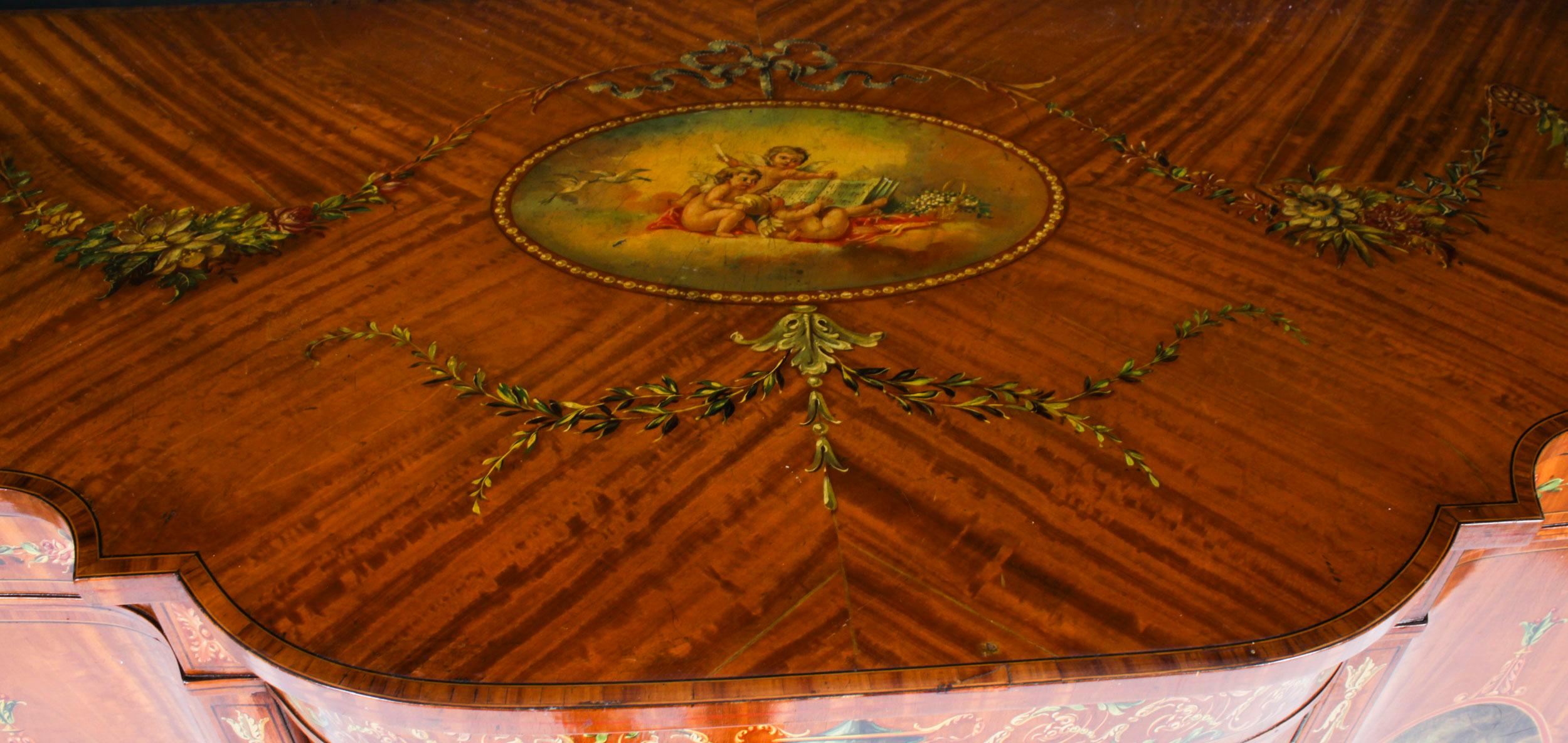 Antique Victorian Floral Painted Satin wood Cabinet Sideboard 19th Century For Sale 4