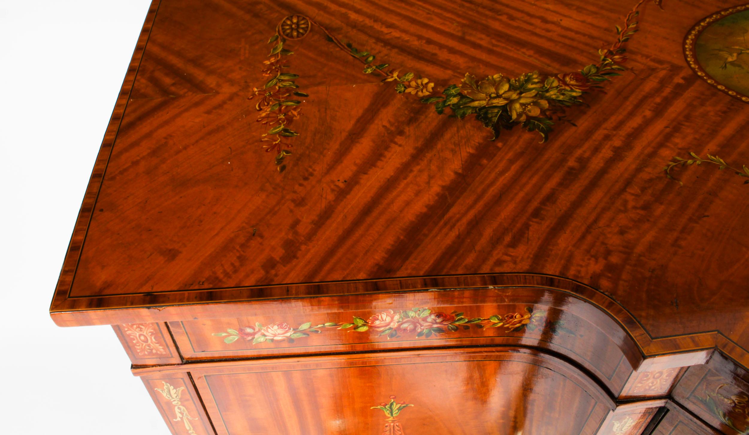 Antique Victorian Floral Painted Satin wood Cabinet Sideboard 19th Century For Sale 6
