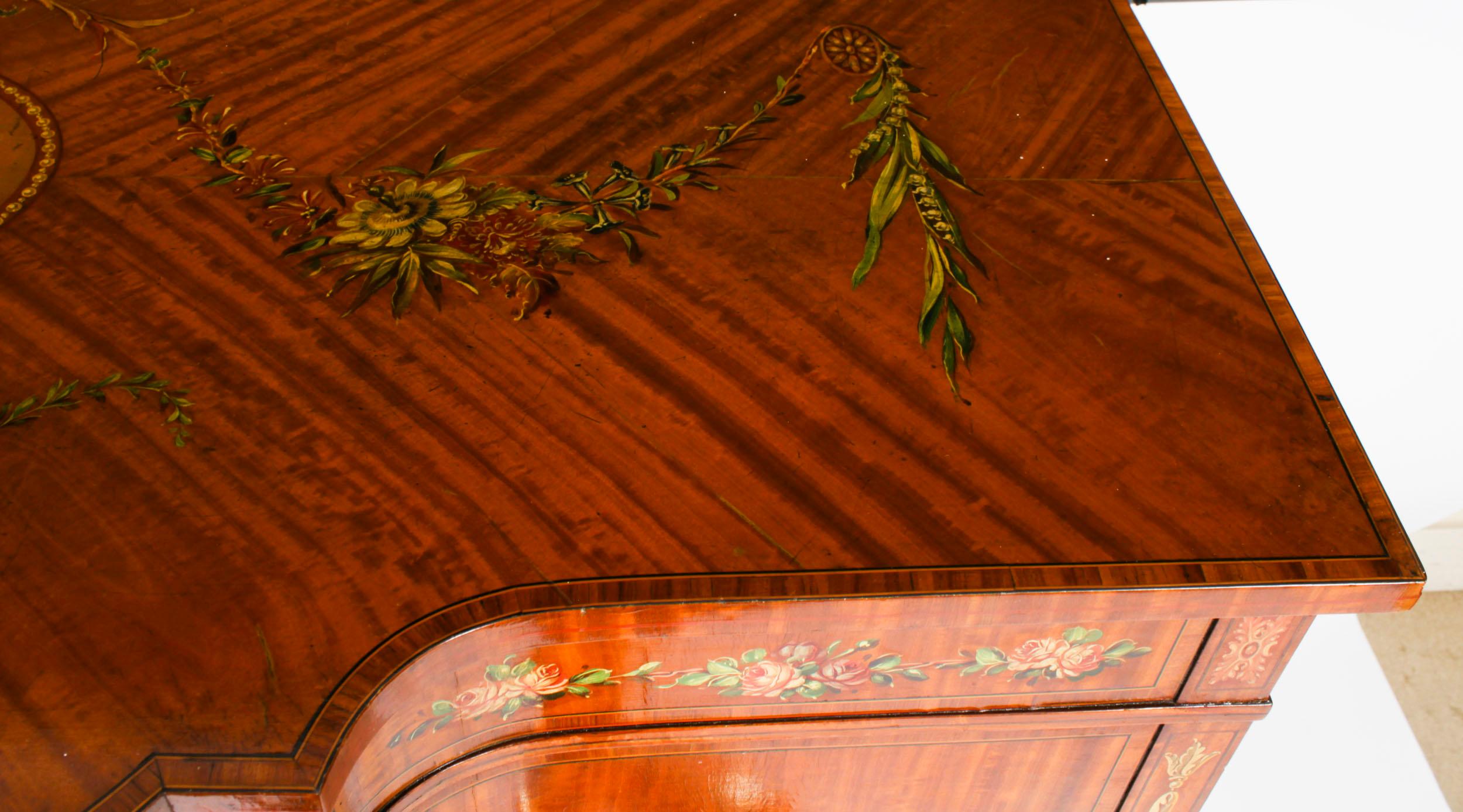 Antique Victorian Floral Painted Satin wood Cabinet Sideboard 19th Century For Sale 7