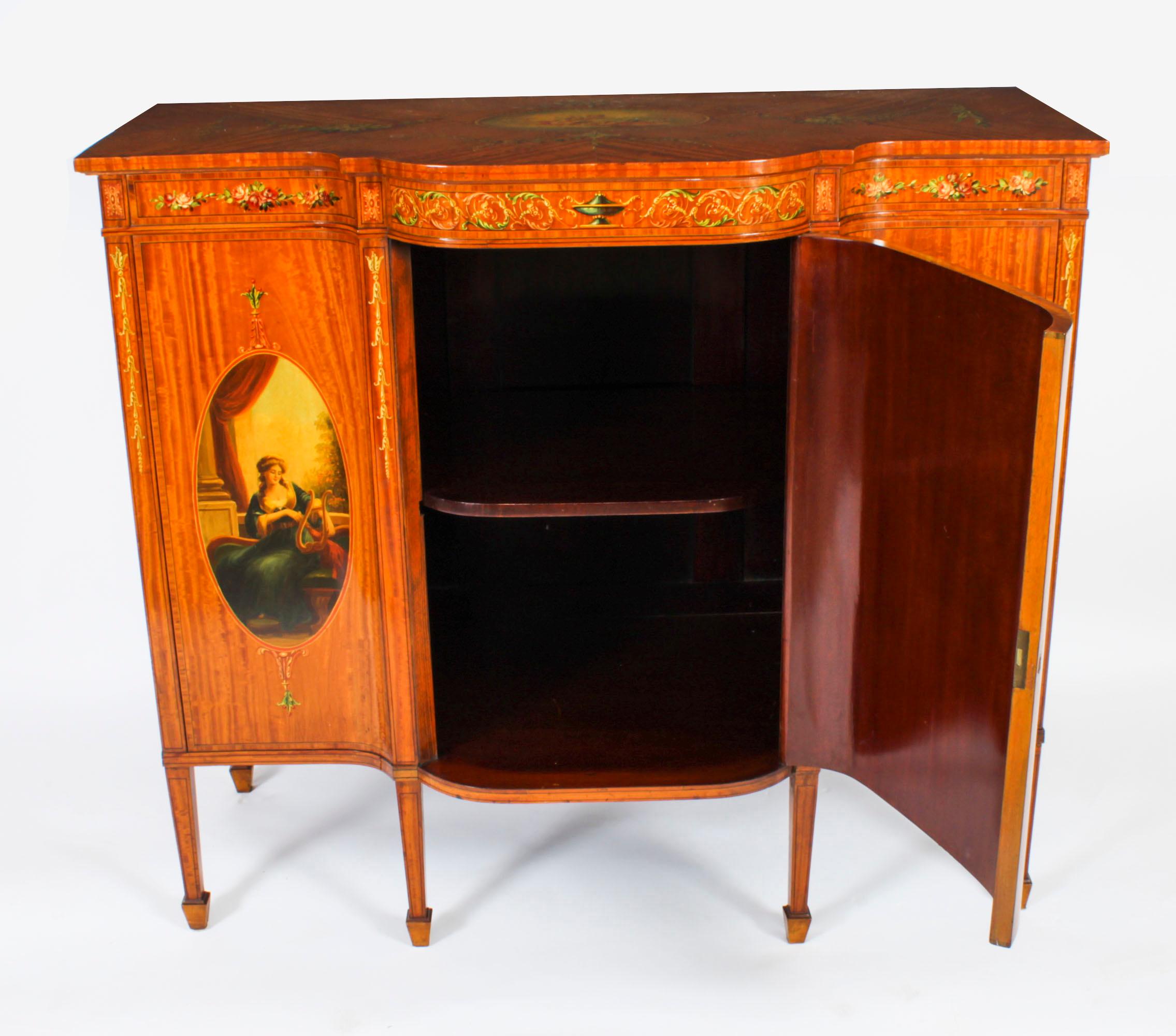Antique Victorian Floral Painted Satin wood Cabinet Sideboard 19th Century For Sale 9