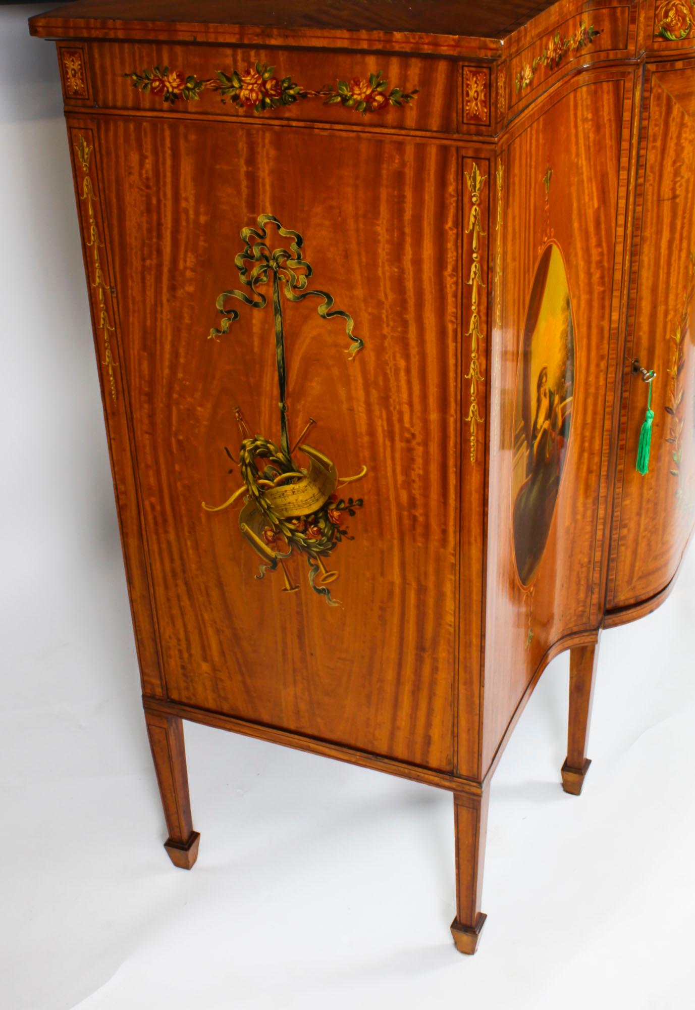 Antique Victorian Floral Painted Satin wood Cabinet Sideboard 19th Century For Sale 10