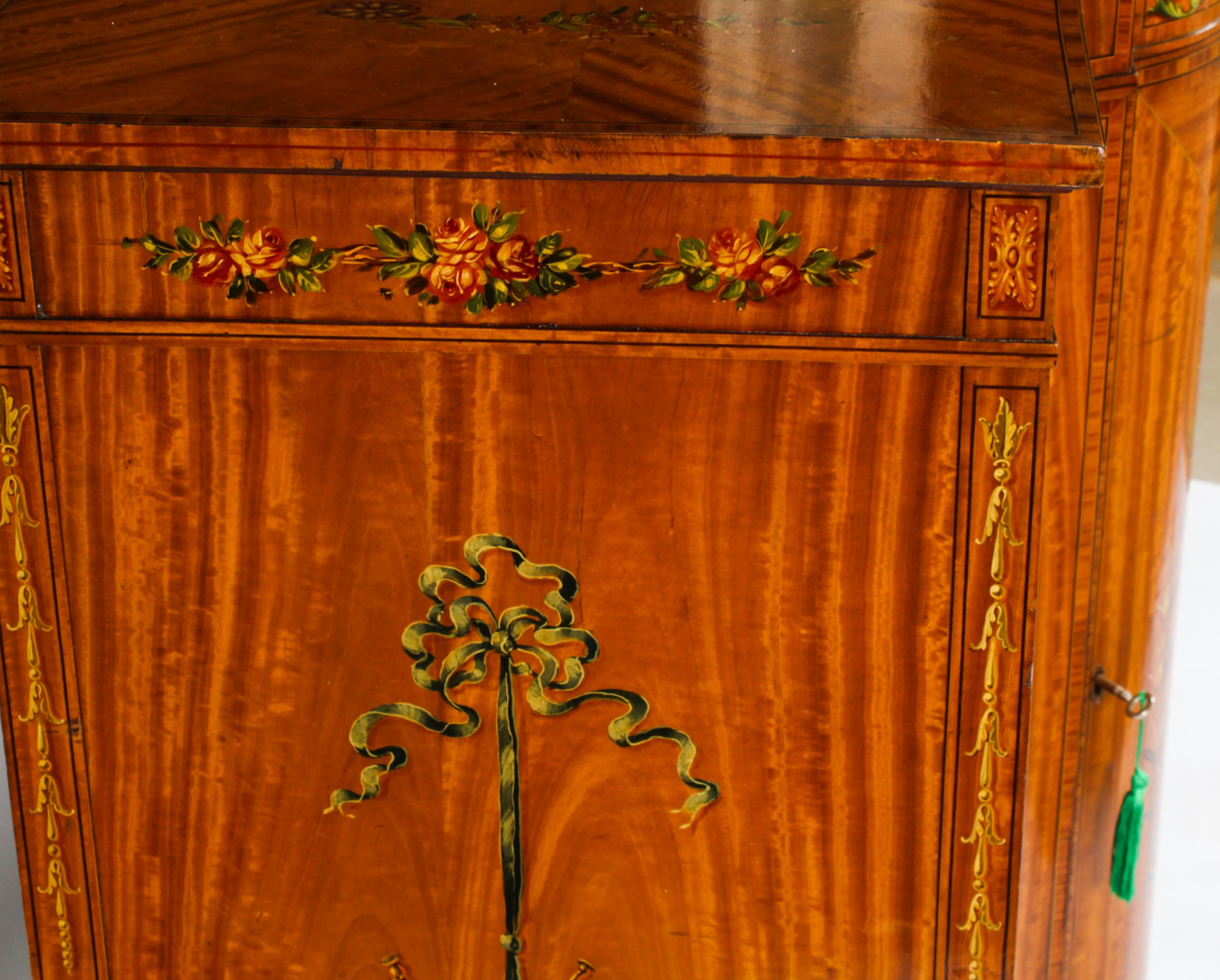 Antique Victorian Floral Painted Satin wood Cabinet Sideboard 19th Century For Sale 12