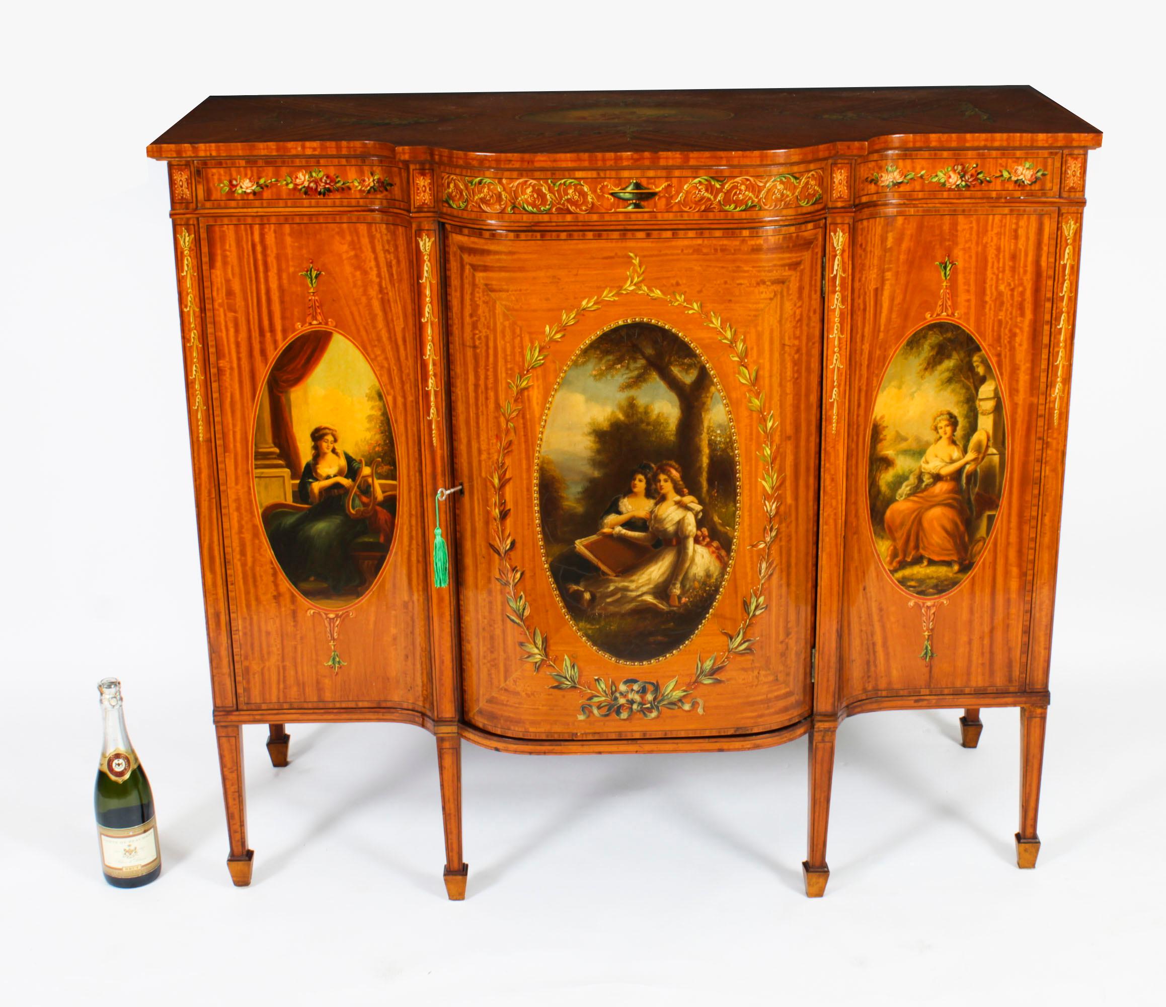 Antique Victorian Floral Painted Satin wood Cabinet Sideboard 19th Century For Sale 13