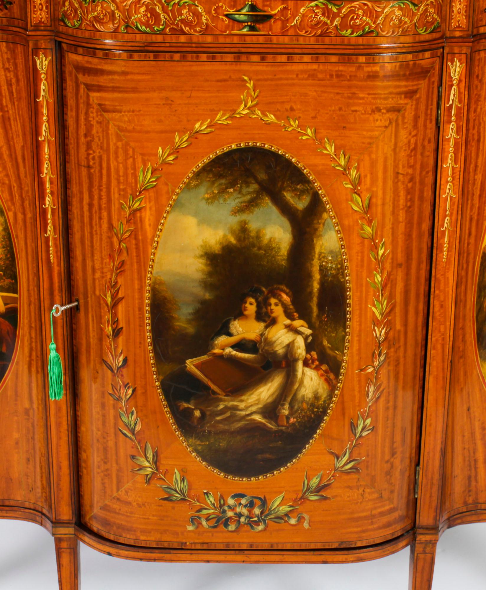 Late Victorian Antique Victorian Floral Painted Satin wood Cabinet Sideboard 19th Century For Sale
