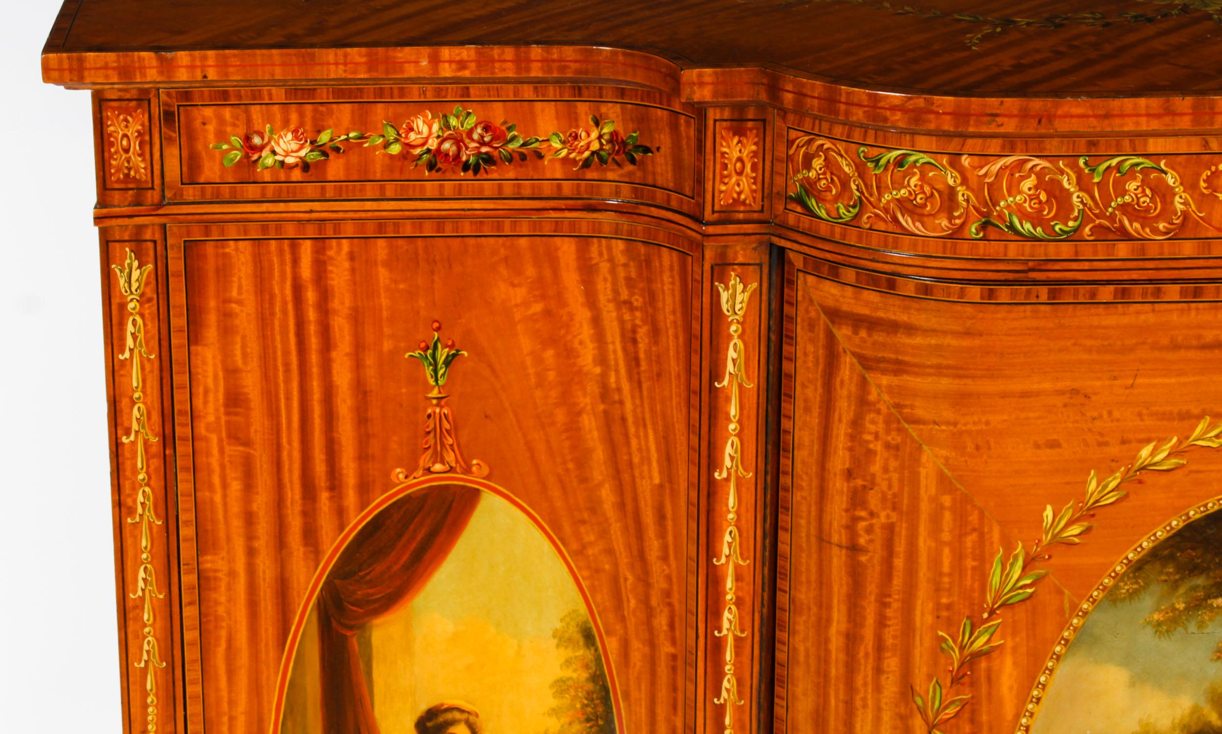 Satinwood Antique Victorian Floral Painted Satin wood Cabinet Sideboard 19th Century For Sale