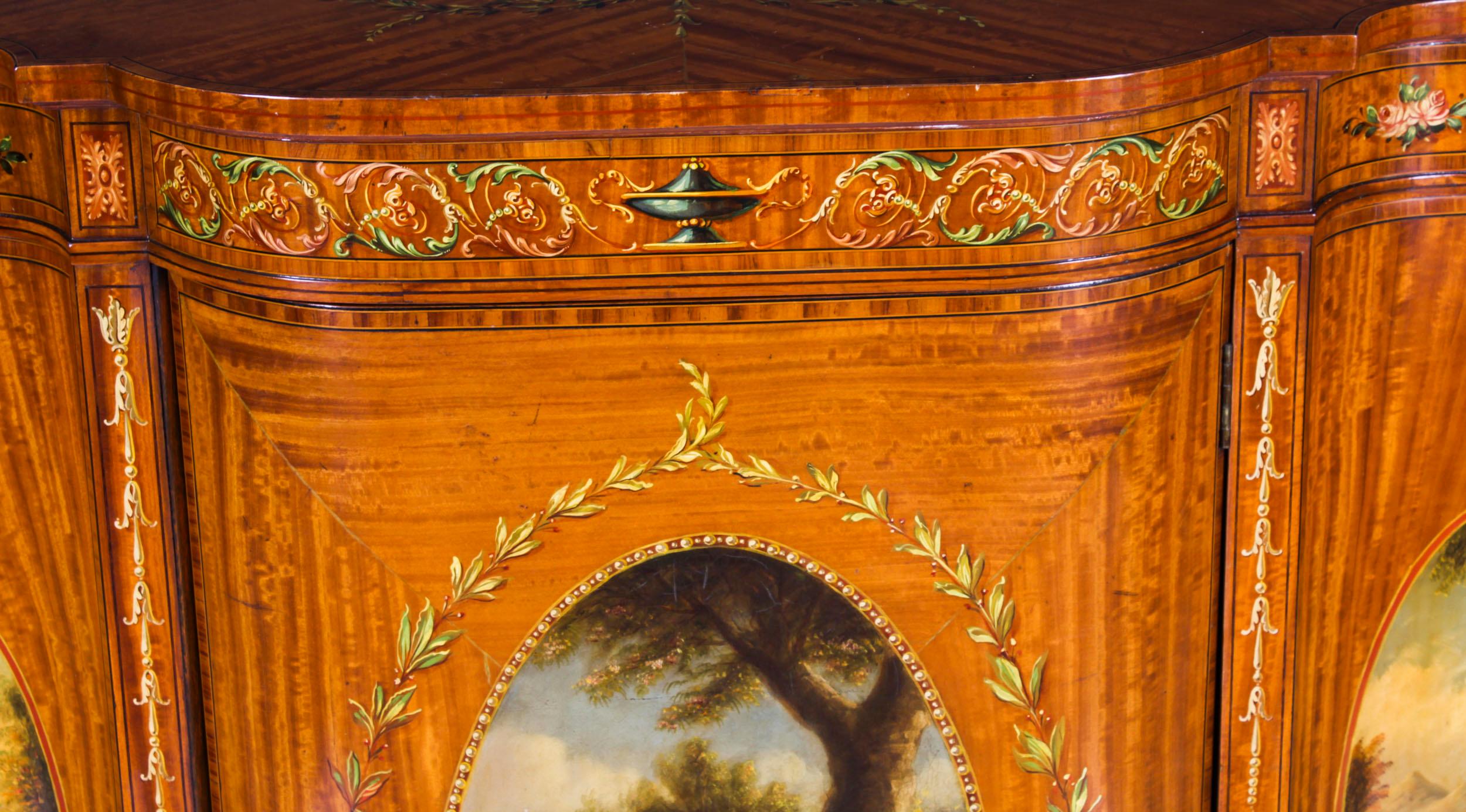 Antique Victorian Floral Painted Satin wood Cabinet Sideboard 19th Century For Sale 1