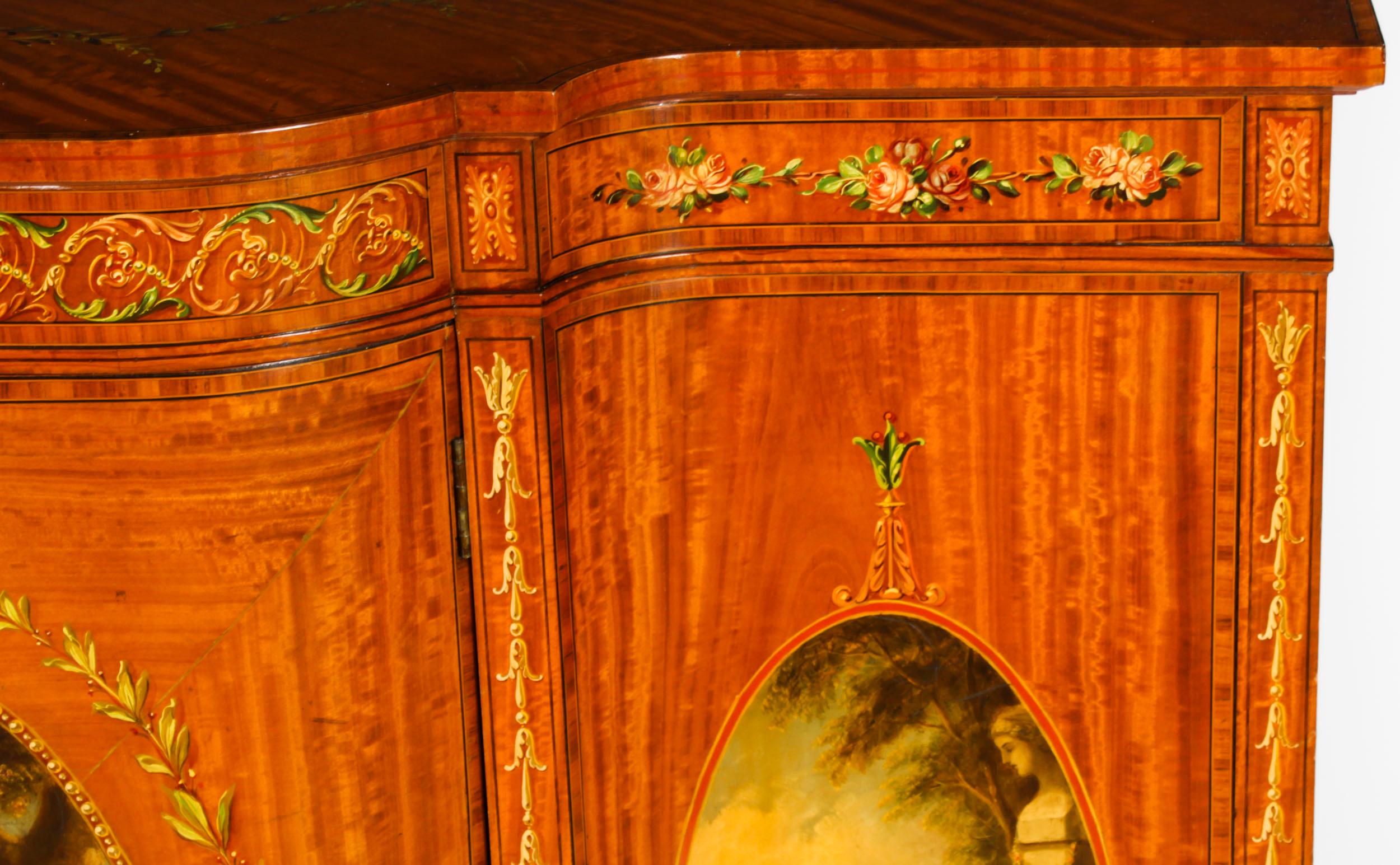 Antique Victorian Floral Painted Satin wood Cabinet Sideboard 19th Century For Sale 3