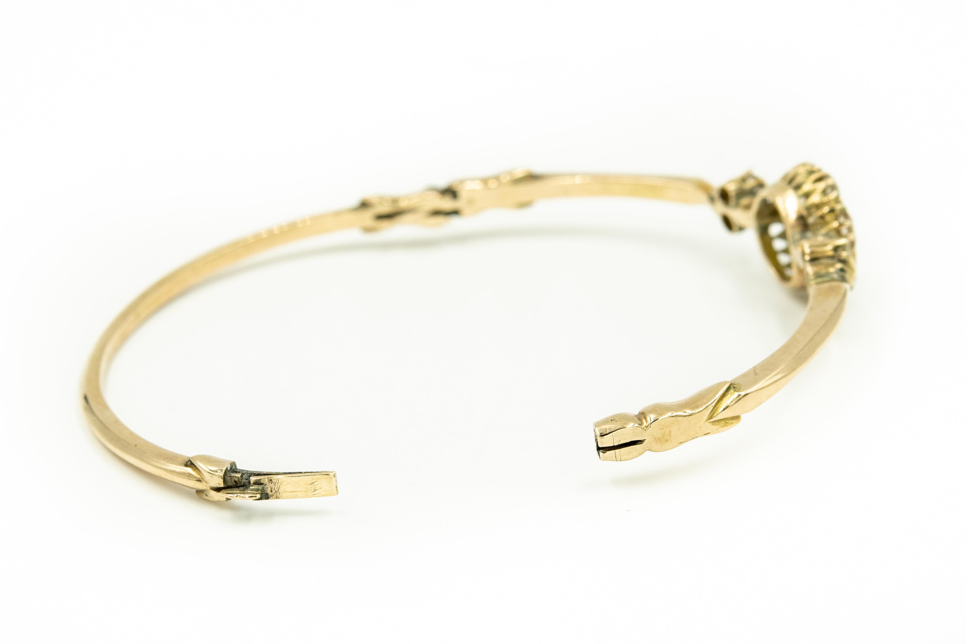 Antique Victorian Floral Rose Cut Diamond Gold Bangle Bracelet In Good Condition For Sale In Miami Beach, FL