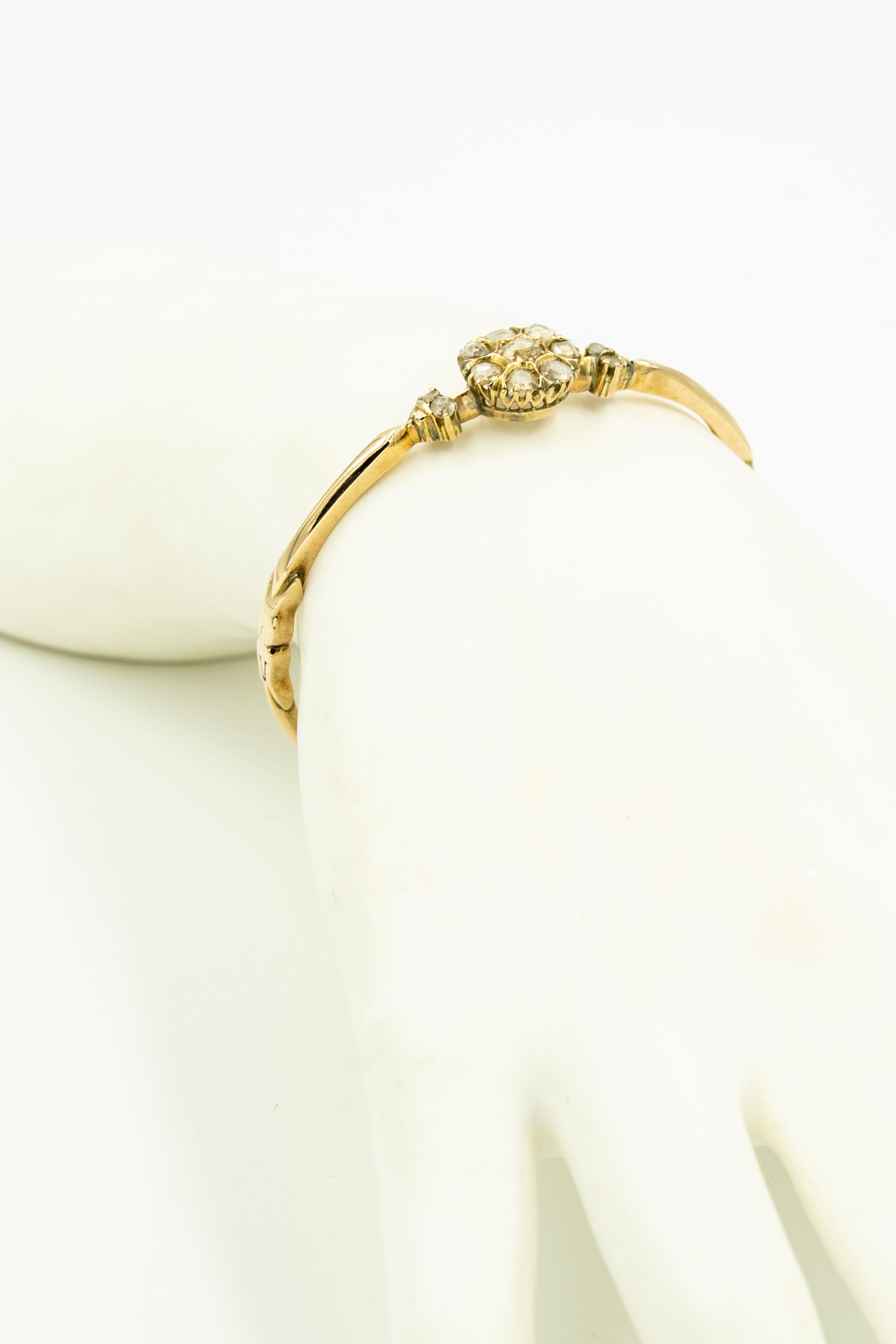 Women's Antique Victorian Floral Rose Cut Diamond Gold Bangle Bracelet For Sale